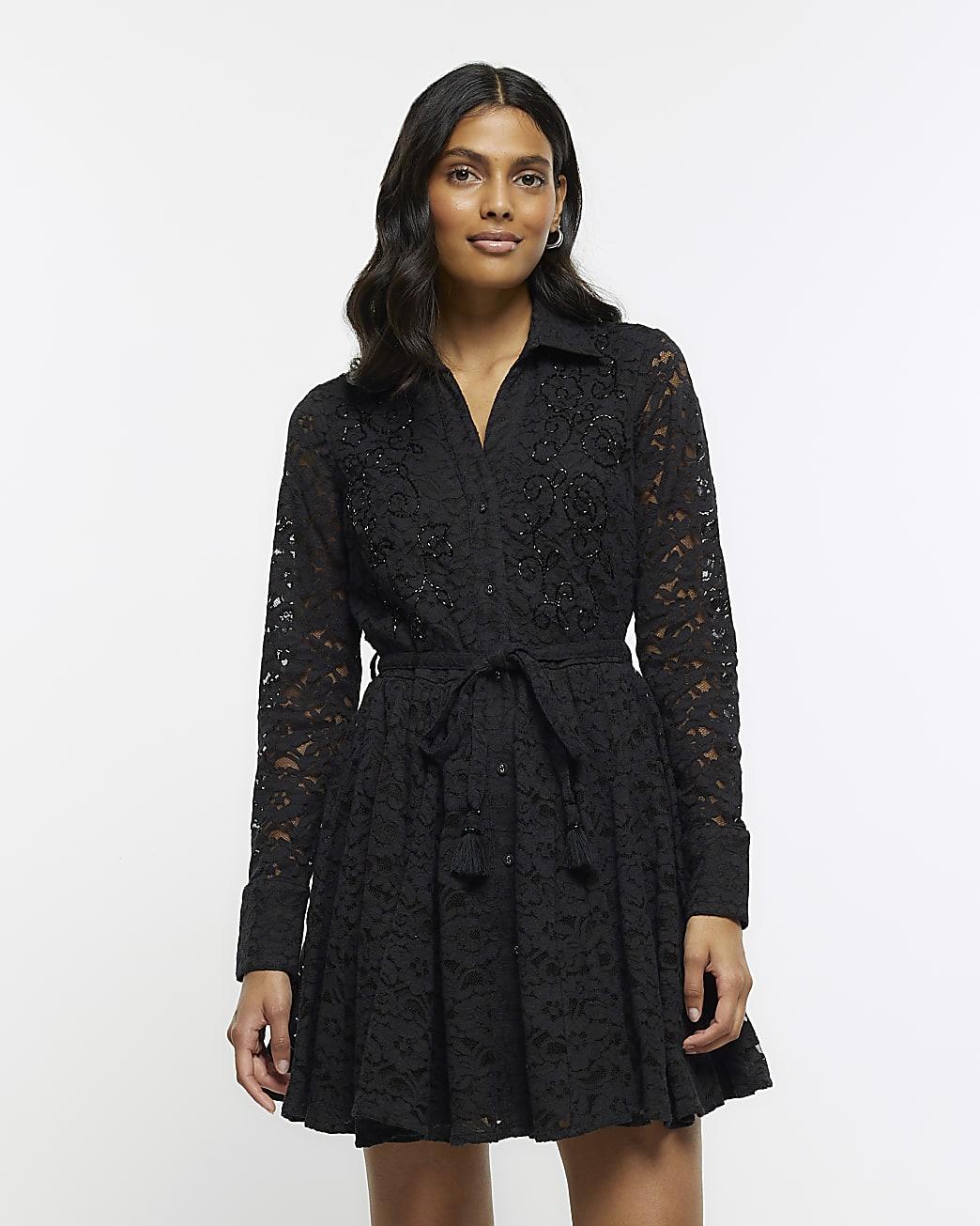 River Island Black Lace Beaded Mini Shirt Dress | Lyst