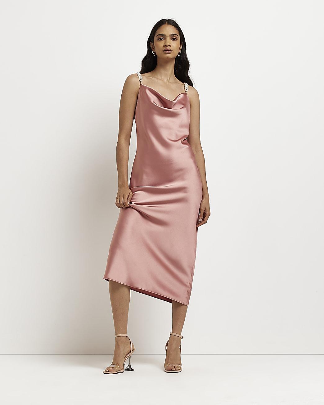 River Island Pink Pearl Strap Satin Cami Midi Dress | Lyst
