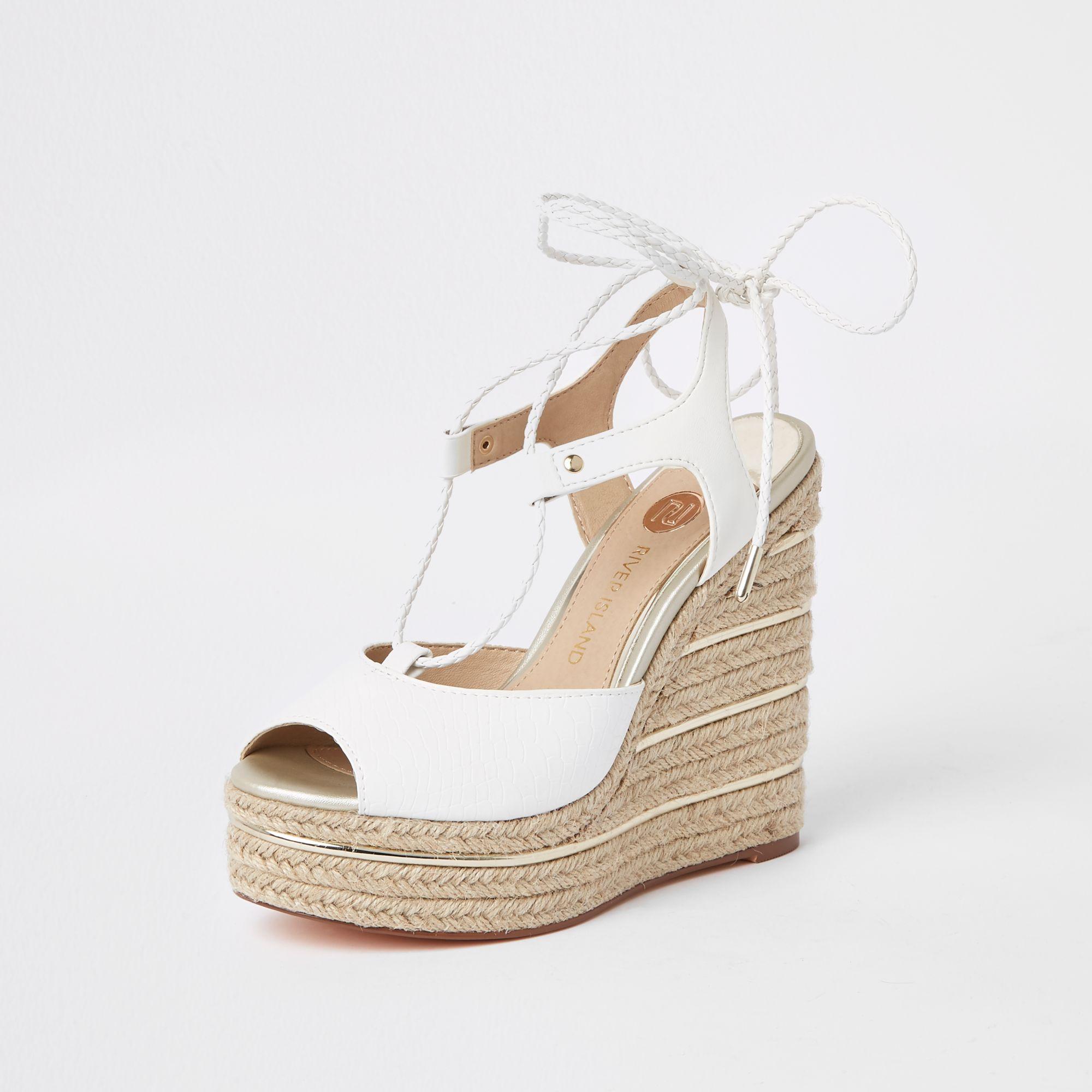 white tie up wedges