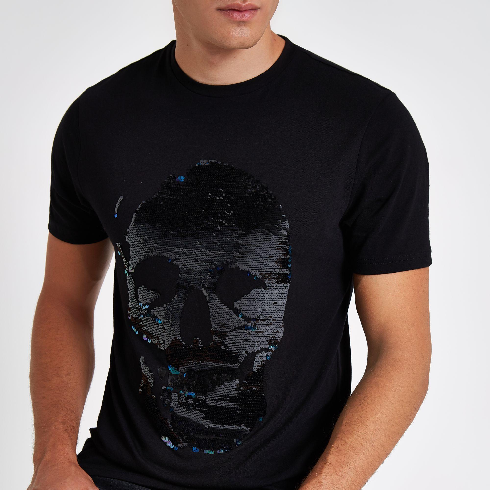 Cotton Skull Sequin Slim Fit T-shirt 