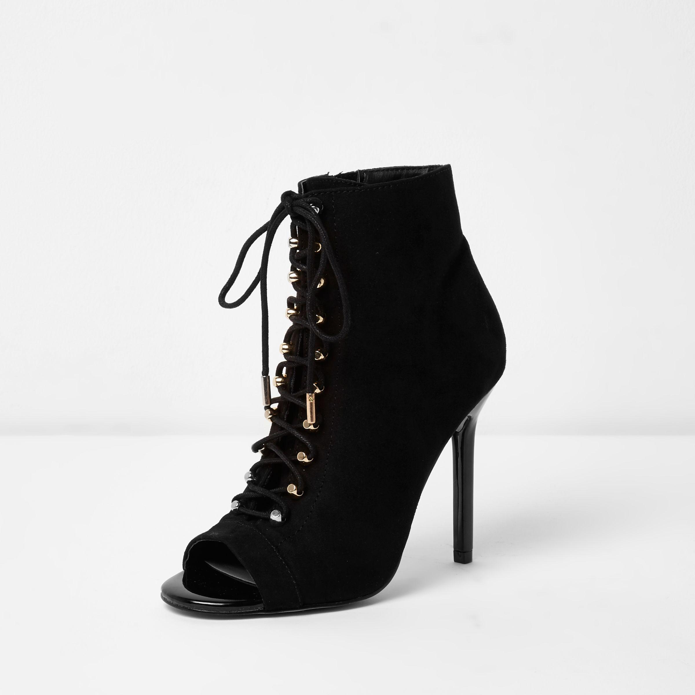 River Island Black Open Toe Lace up Heeled Boots Lyst UK
