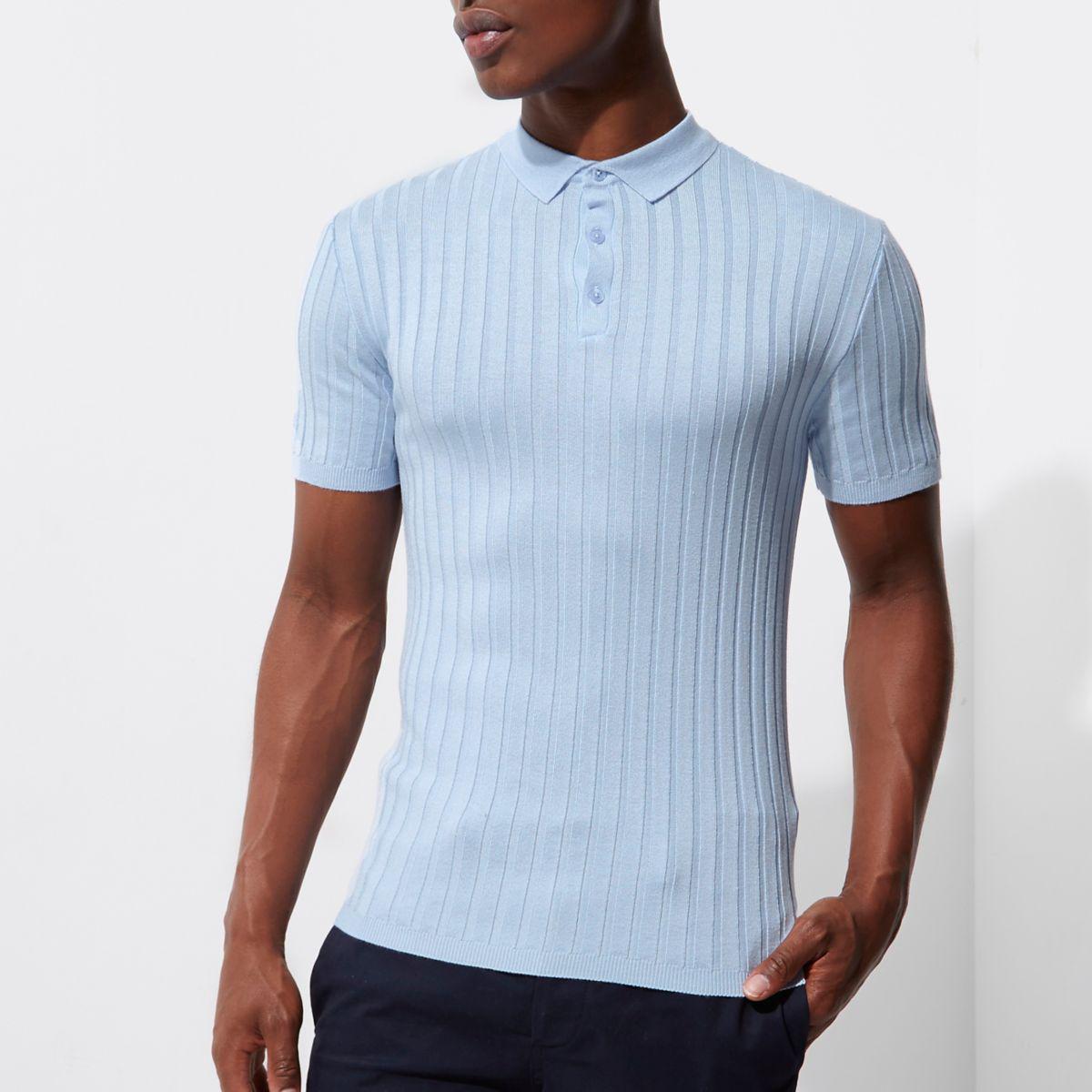 River Island Light Blue Muscle Fit Ribbed Knit Polo Shirt for Men | Lyst