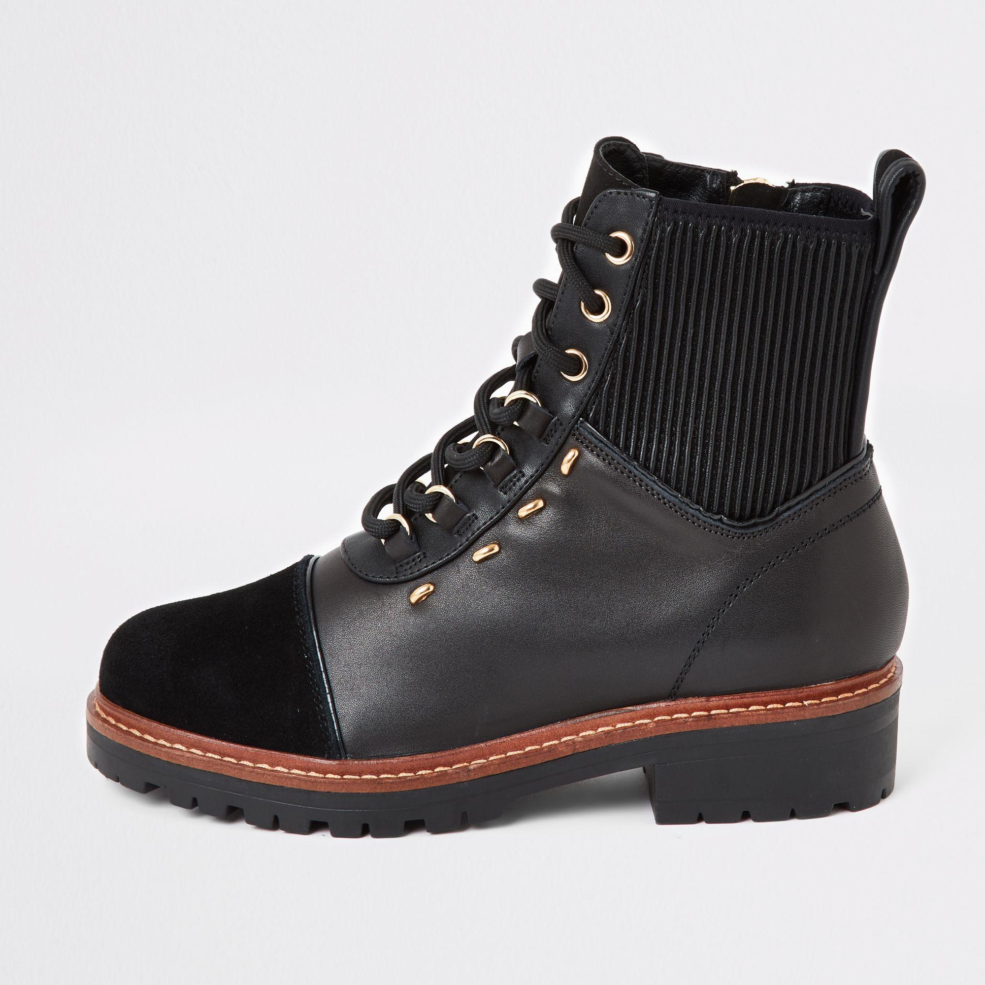 river island lace up flat hiker boot in black
