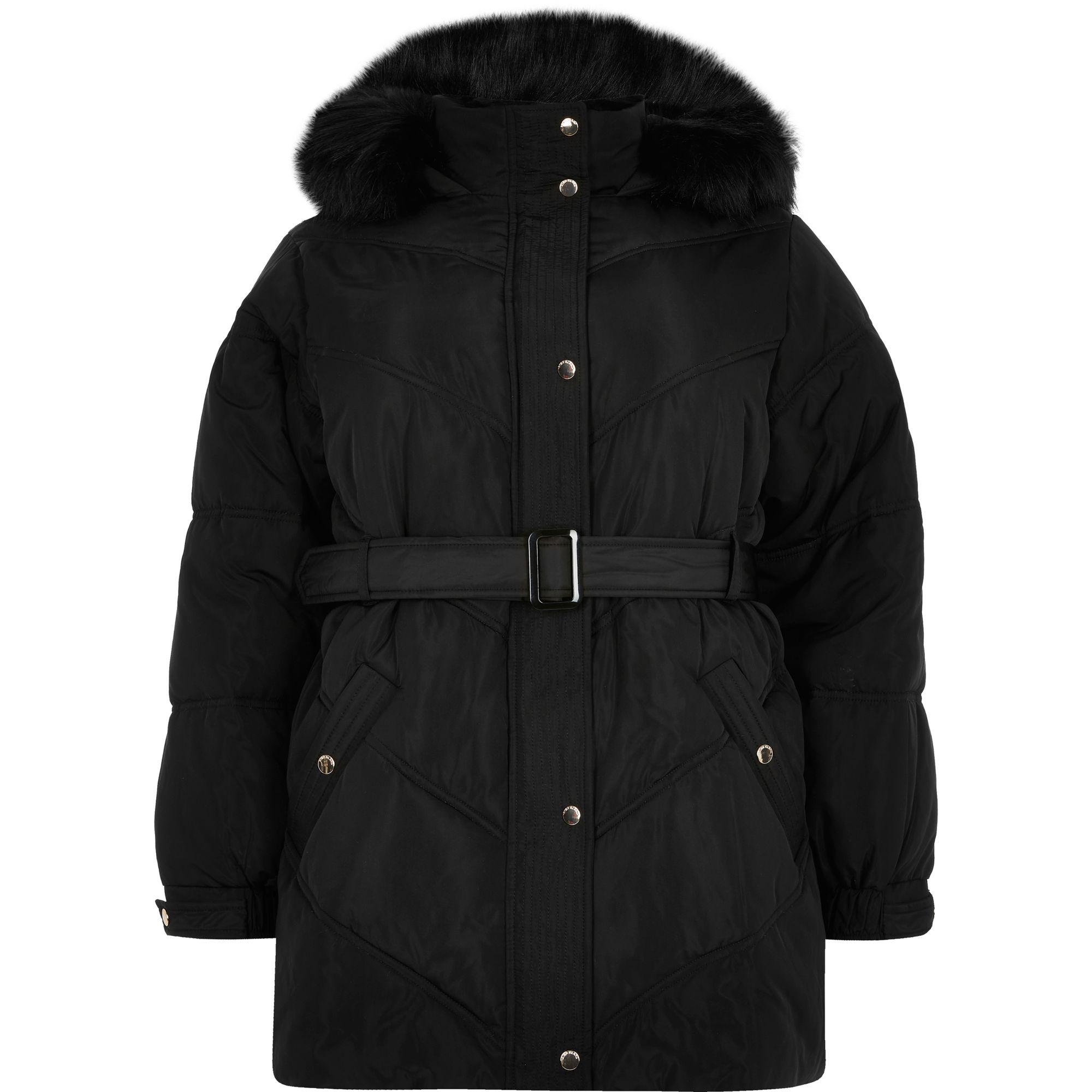 River Island Synthetic Plus Black Faux Fur Hood Belted Puffer Coat Lyst