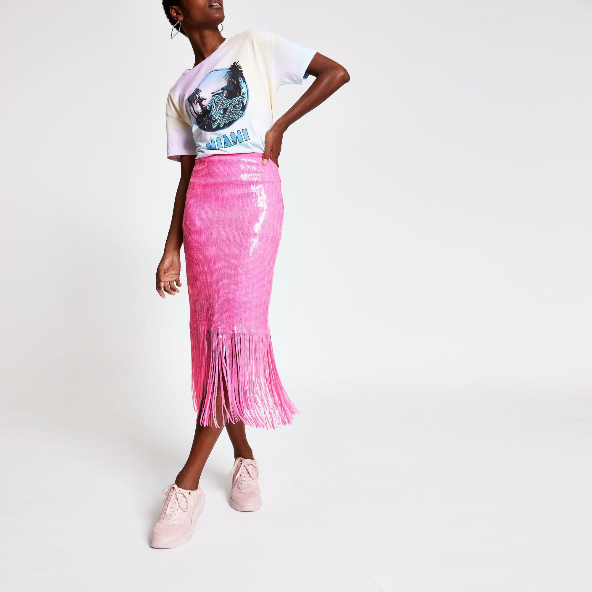 River Island Sequin Tassel Pencil Skirt in Pink | Lyst UK