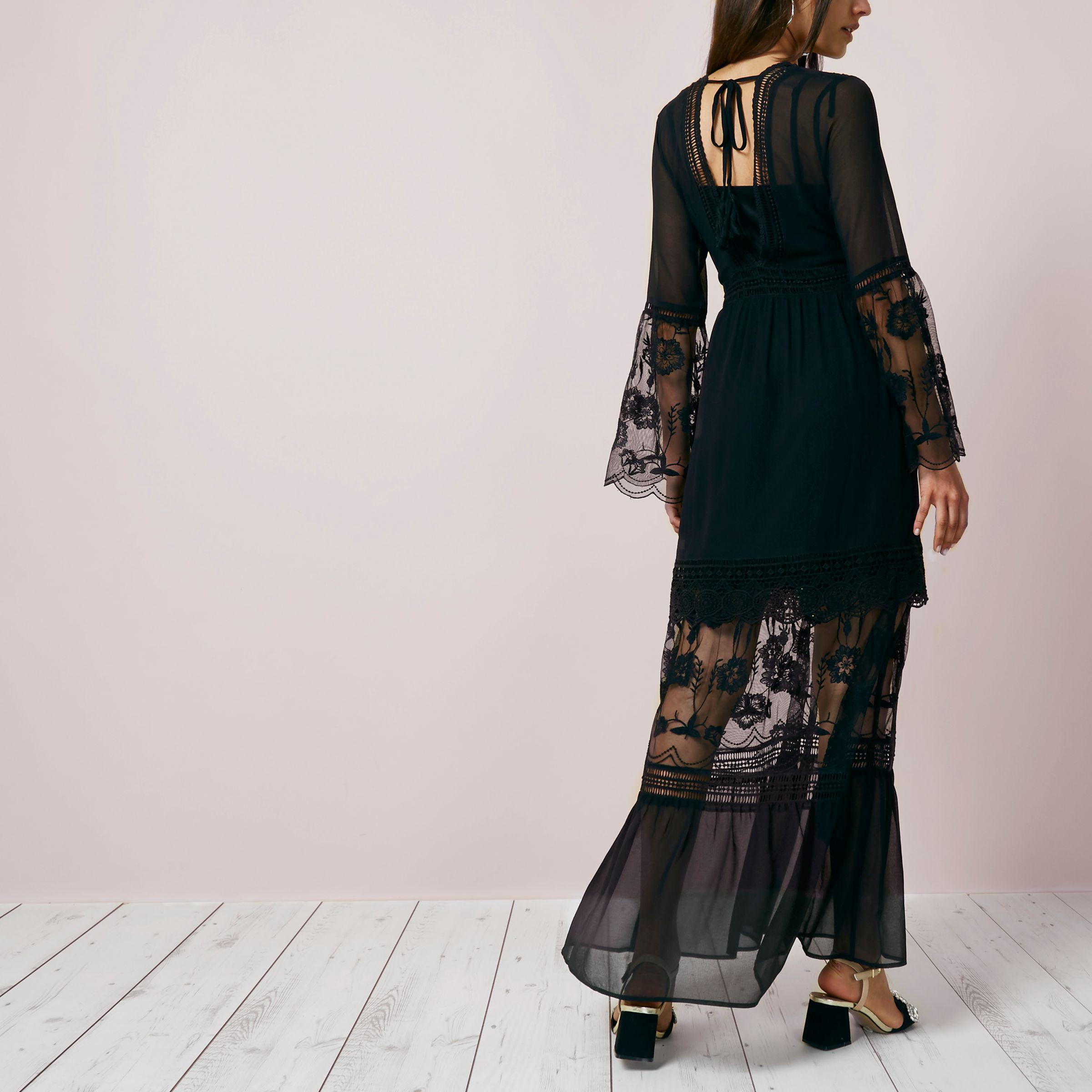 River Island Lace Bell Sleeve Maxi Dress in Black | Lyst