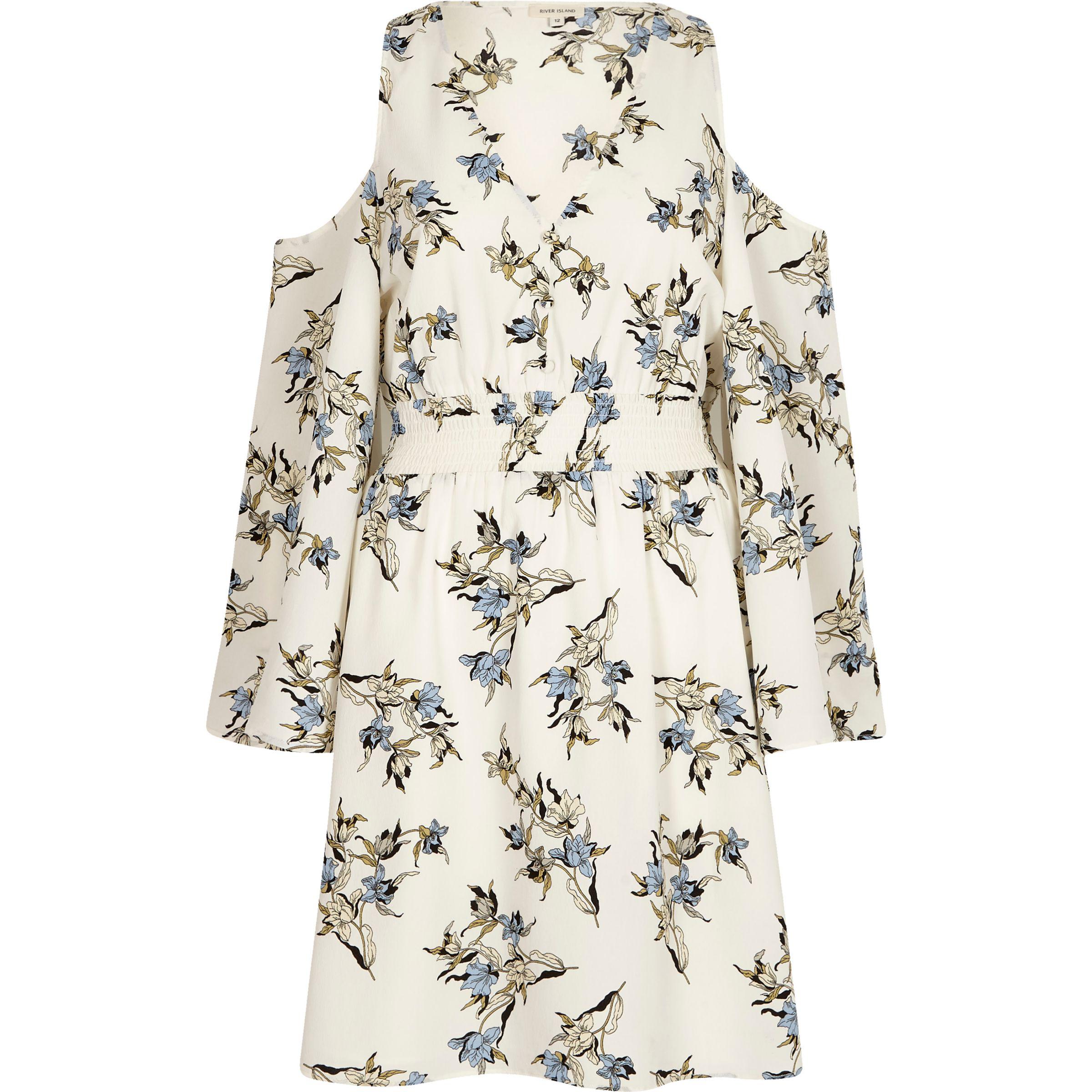 Lyst - River Island Cream Floral Cold Shoulder Puff Sleeve Dress in Natural