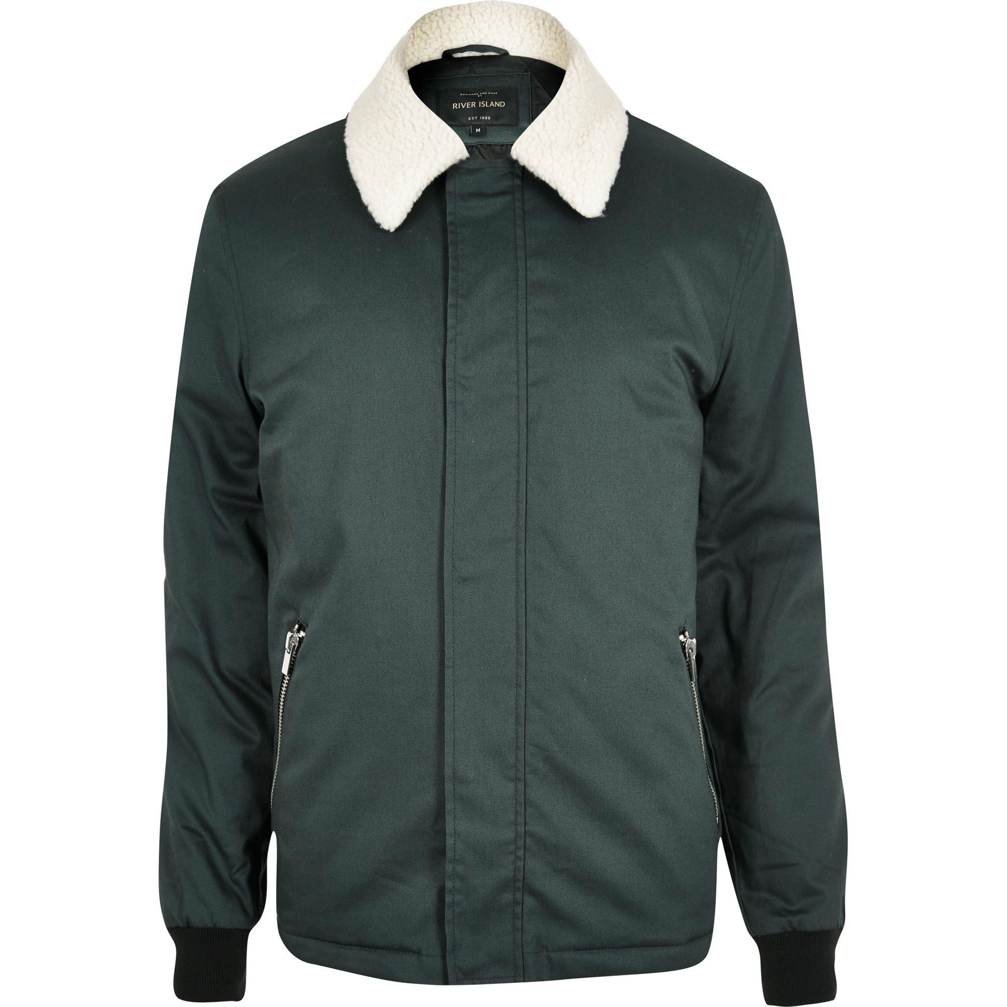 River Island Cotton Dark Green Borg Collar Harrington Jacket for Men - Lyst