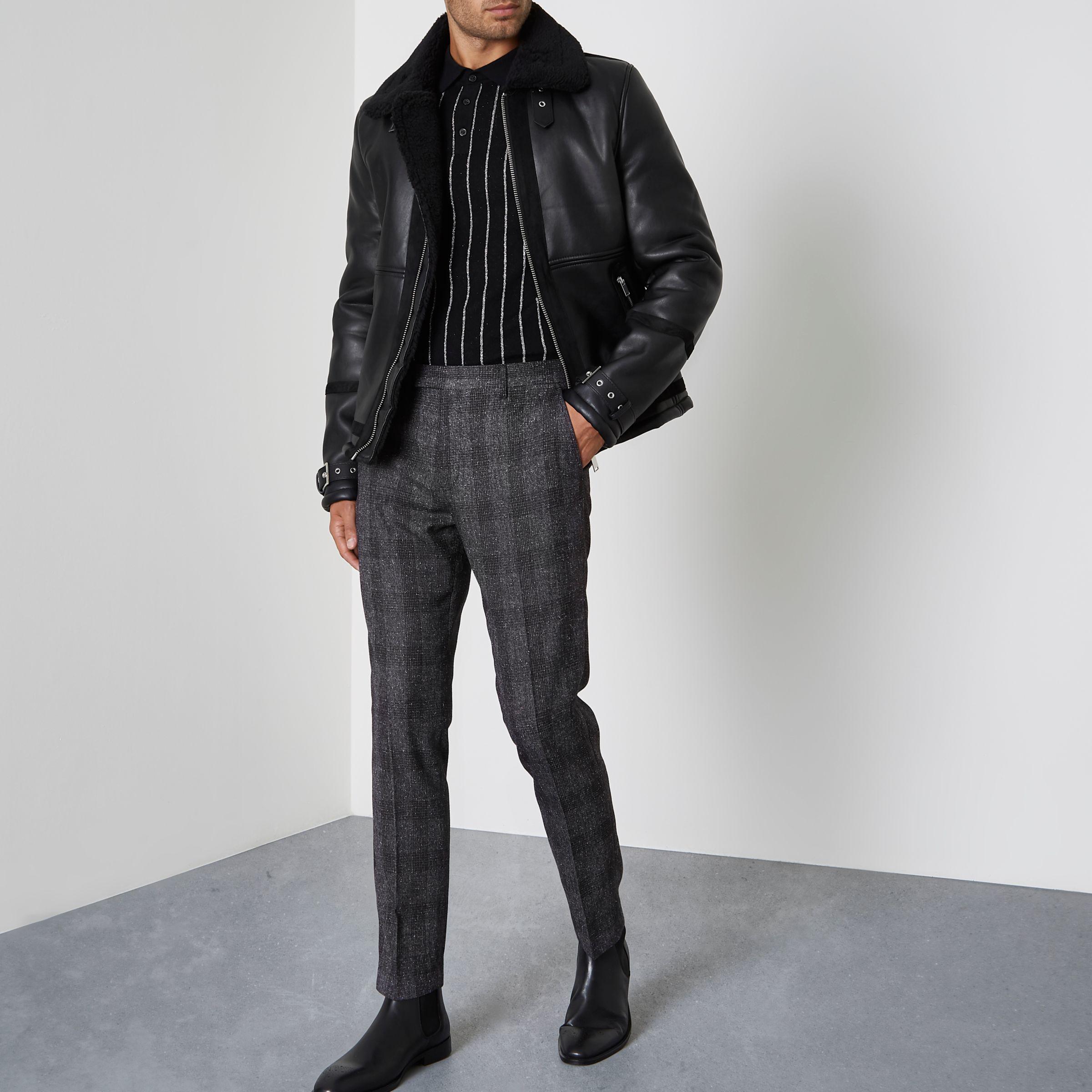 Black Faux Leather Aviator Jacket River Island Pictures