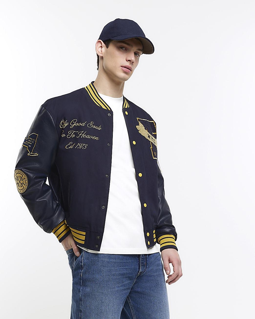 River Island Navy Embroidered Varsity Bomber Jacket in Blue for Men Lyst