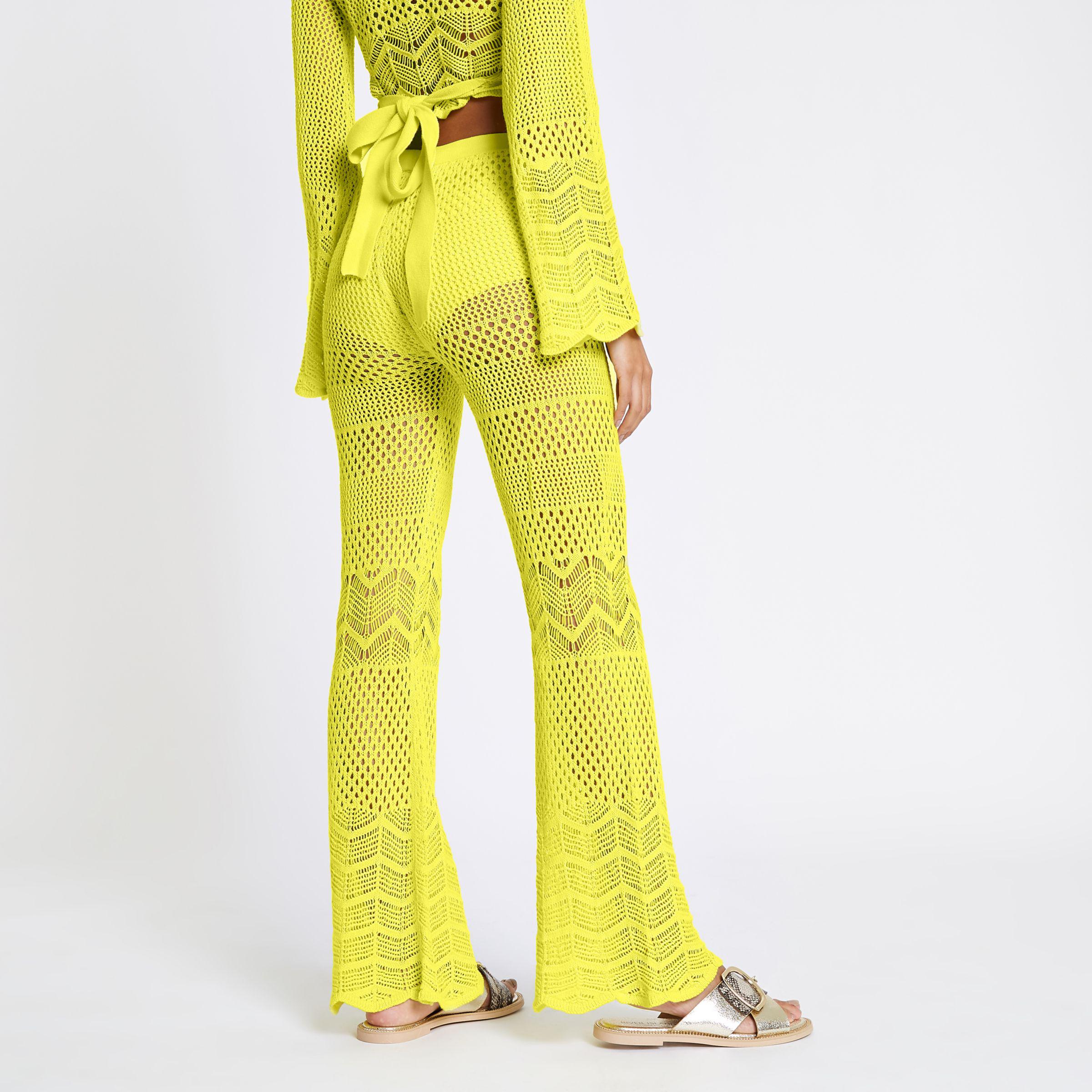 Yellow Crochet Knit Flared Trousers | Lyst