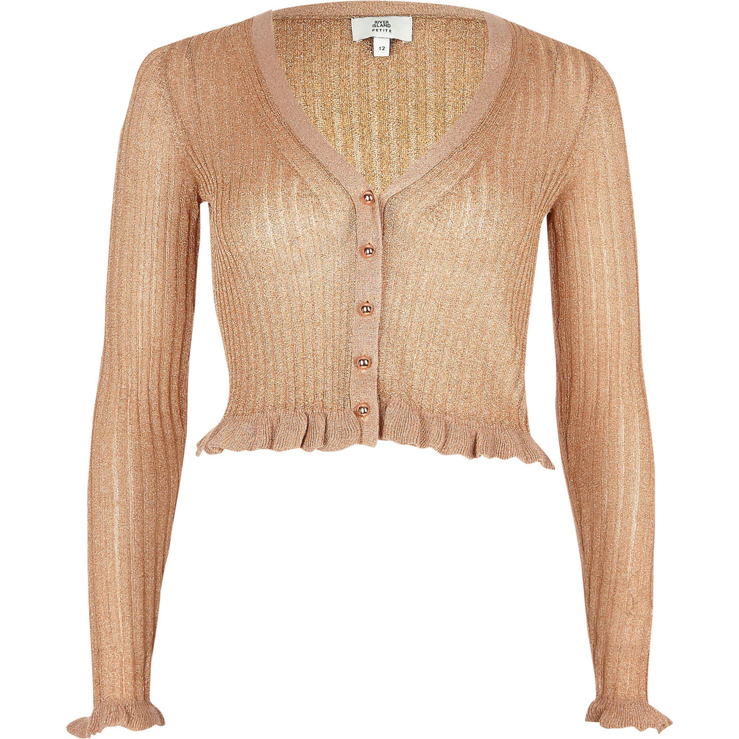 River Island Synthetic Petite Rose Gold Cropped Frill Knit Cardigan in Pink Lyst