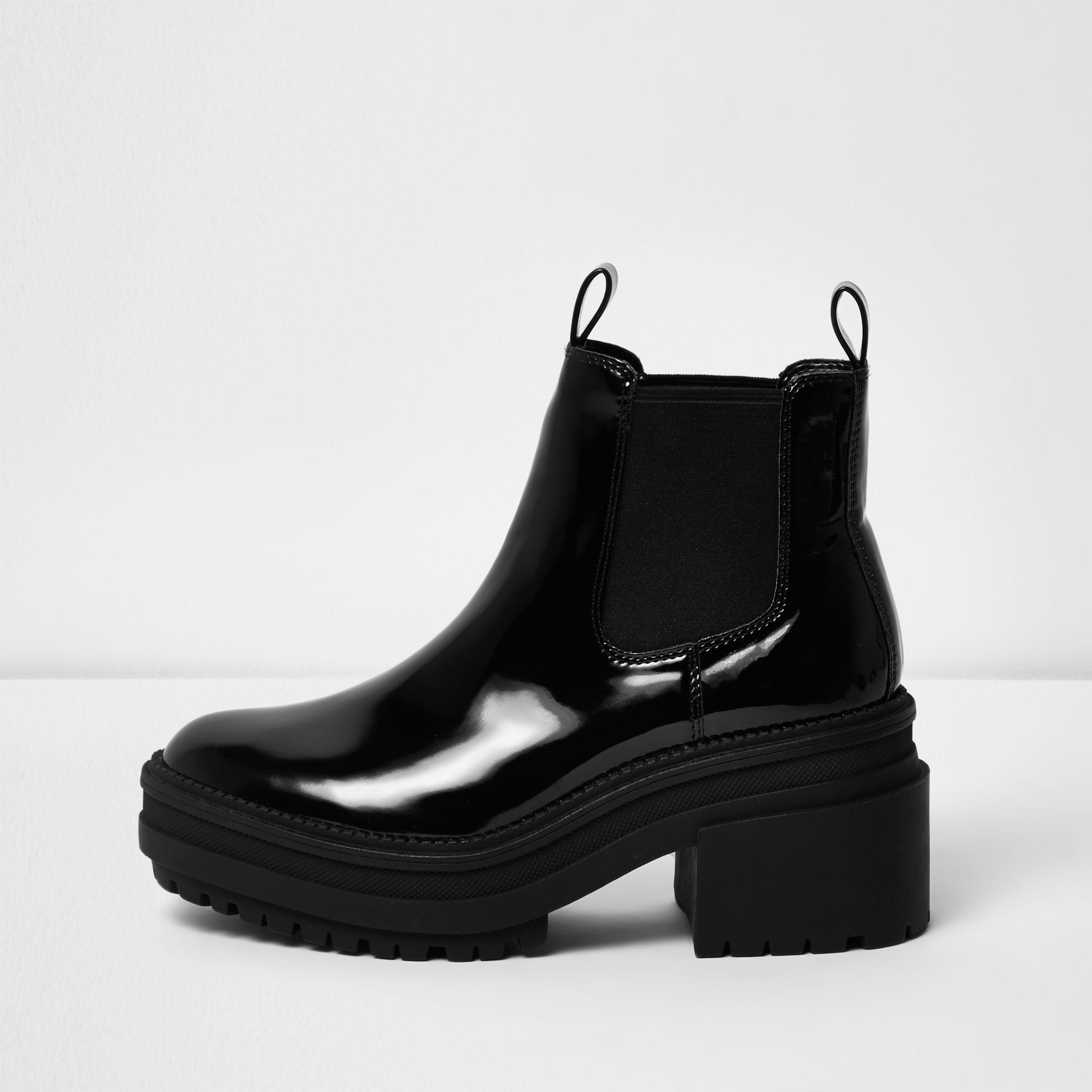 new look patent block heeled boot in black