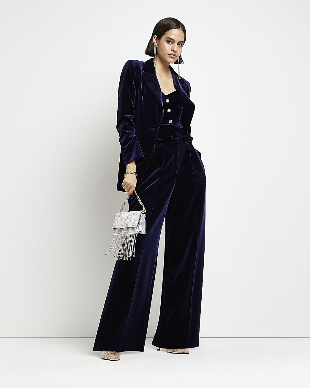 River Island Navy Velvet Mid Rise Wide Leg Pants in Blue Lyst