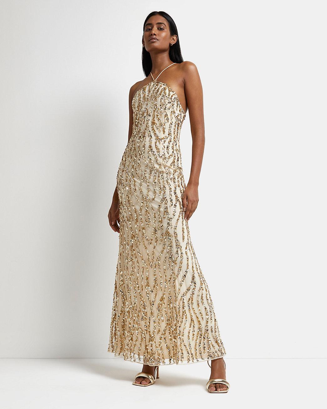 River Island Cream Sequin Halter Neck 