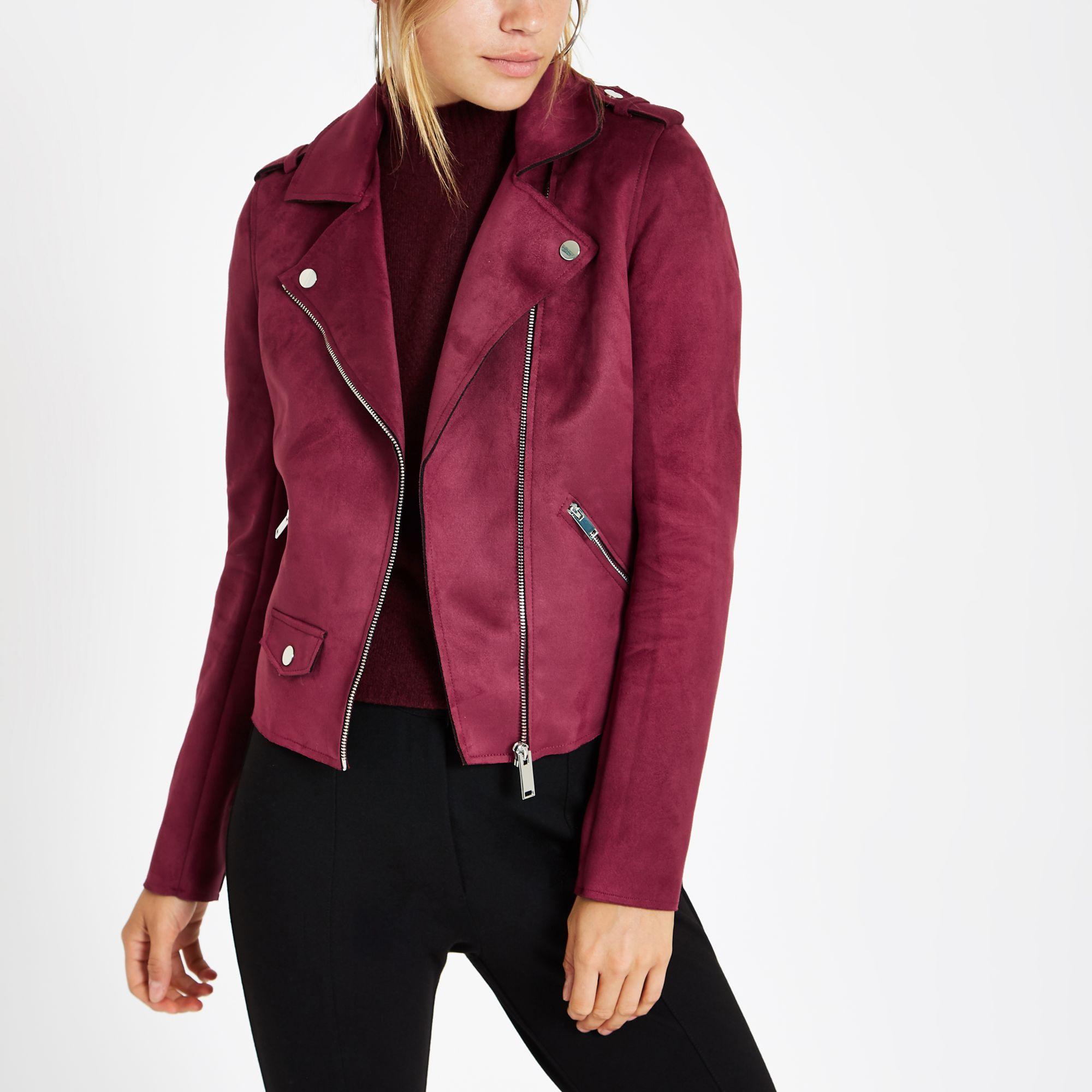 Burgundy Faux Suede Biker Jacket