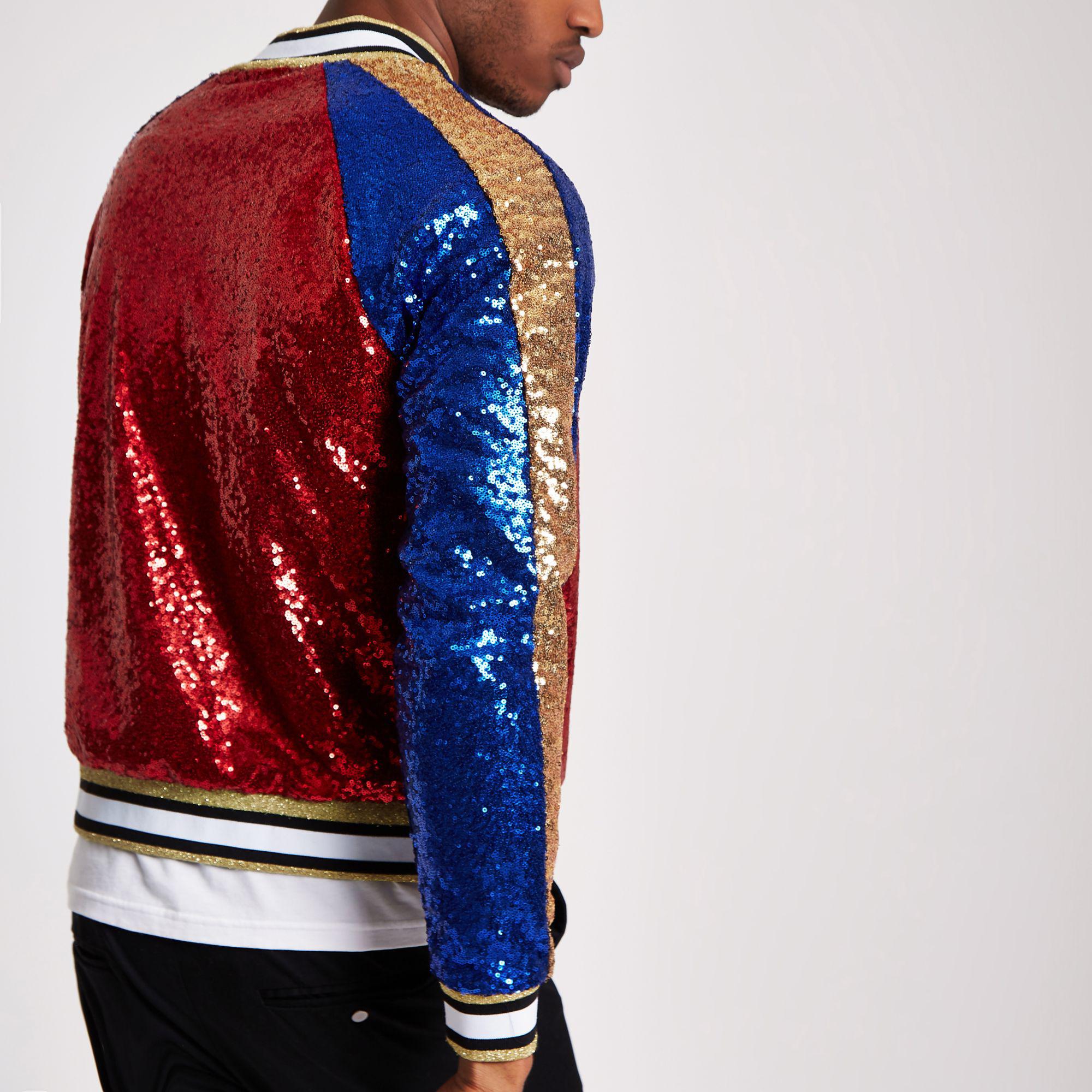 River Island Jaded Red Sequin Bomber Jacket for Men