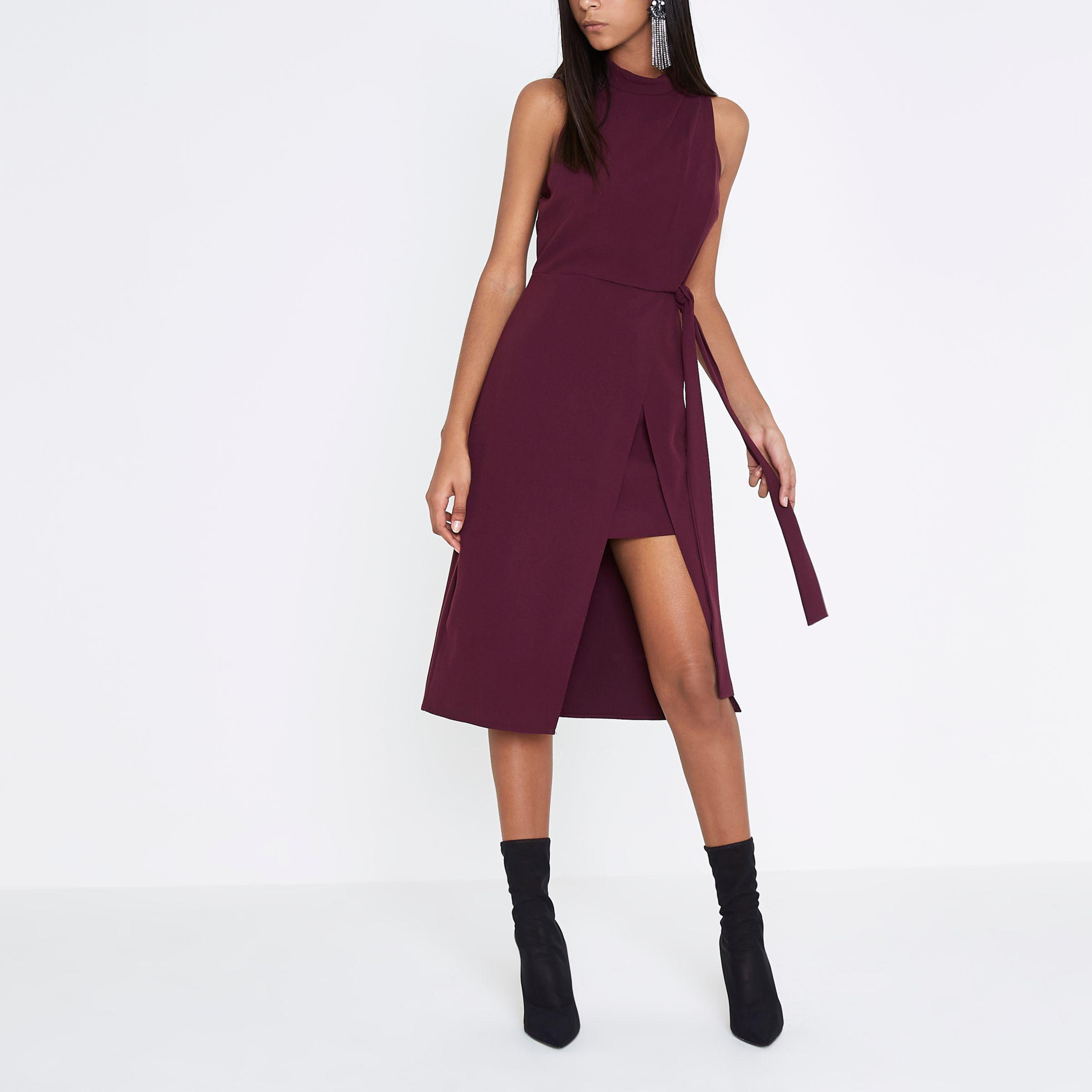 River Island Synthetic Dark Purple High Neck Sleeveless Wrap Dress | Lyst
