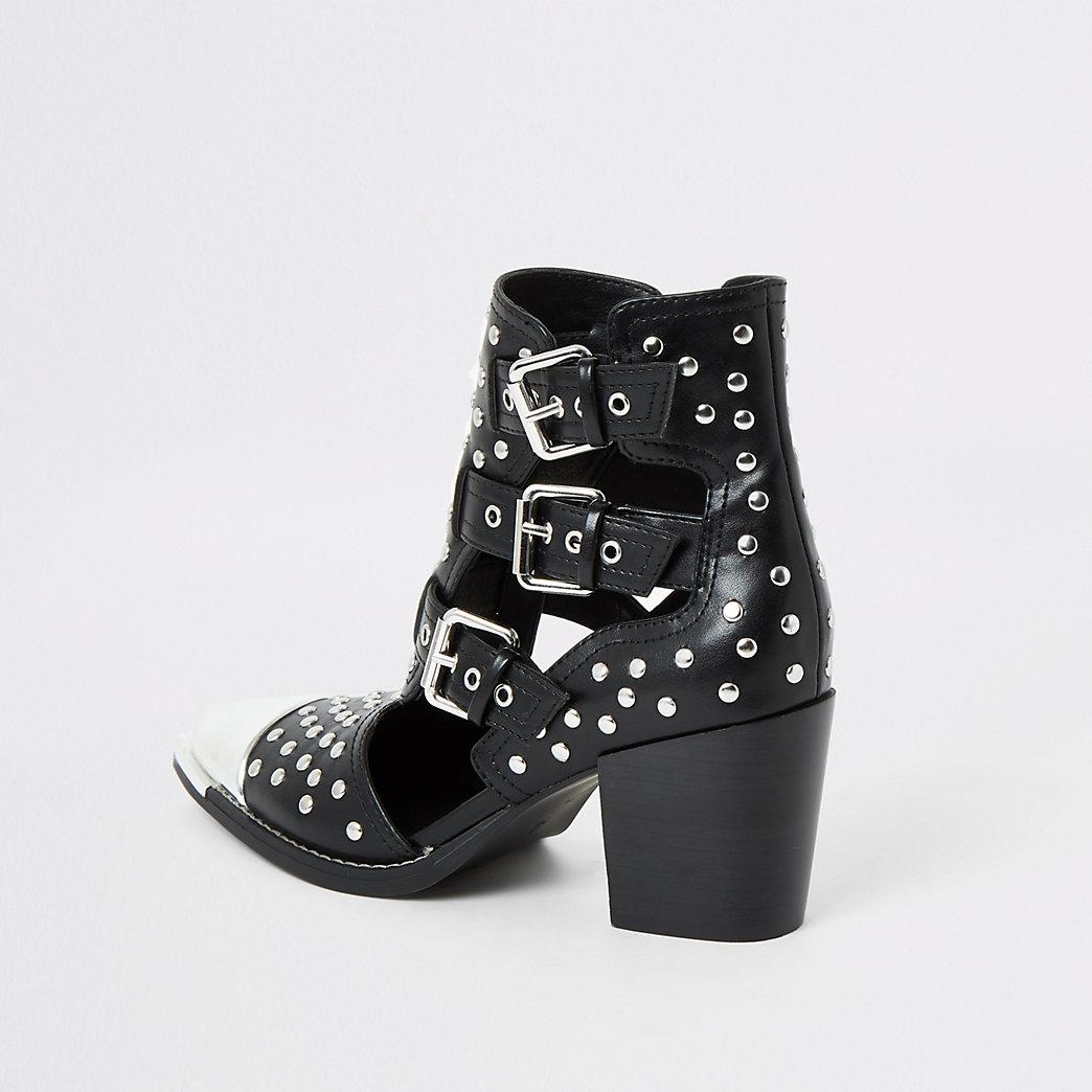 River Island Studded Cut Out Western Boots in Black | Lyst