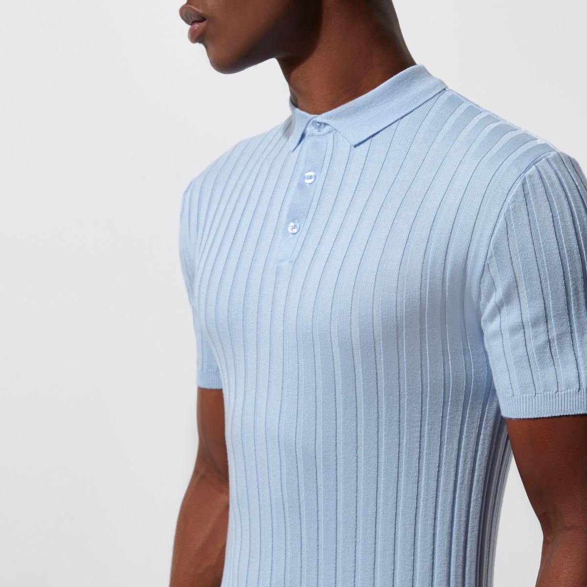 River island Light Blue Muscle Fit Ribbed Knit Polo Shirt