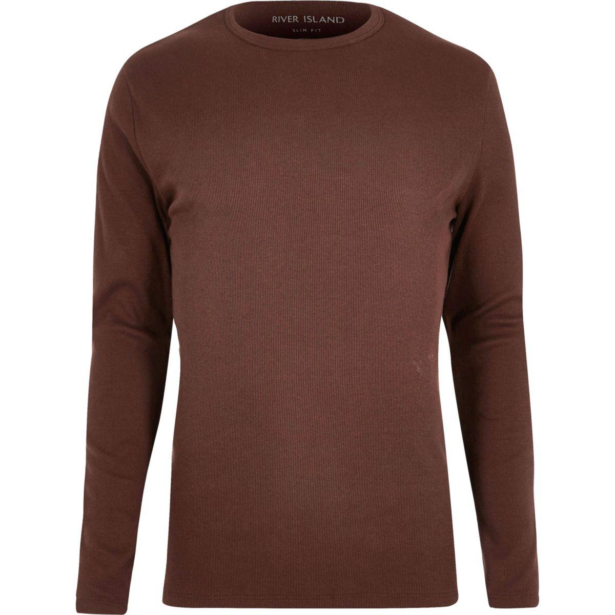 River Island Chocolate Brown Ribbed Long Sleeve T-shirt in Brown for ...