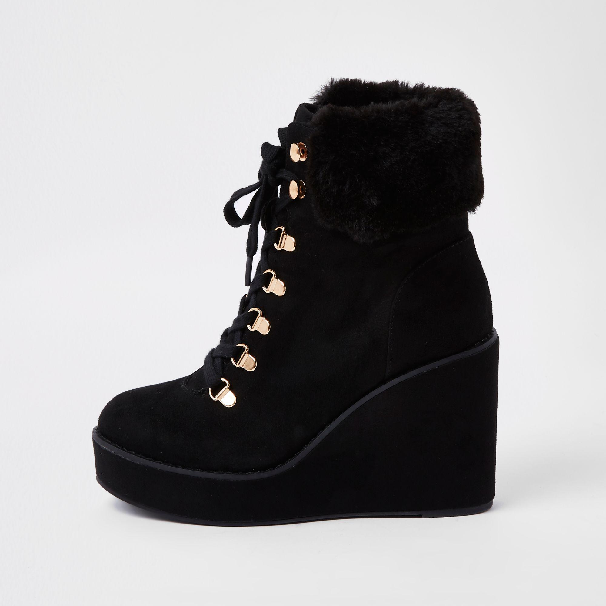 River Island Black Lace-up Wedge Heel Boots - Lyst