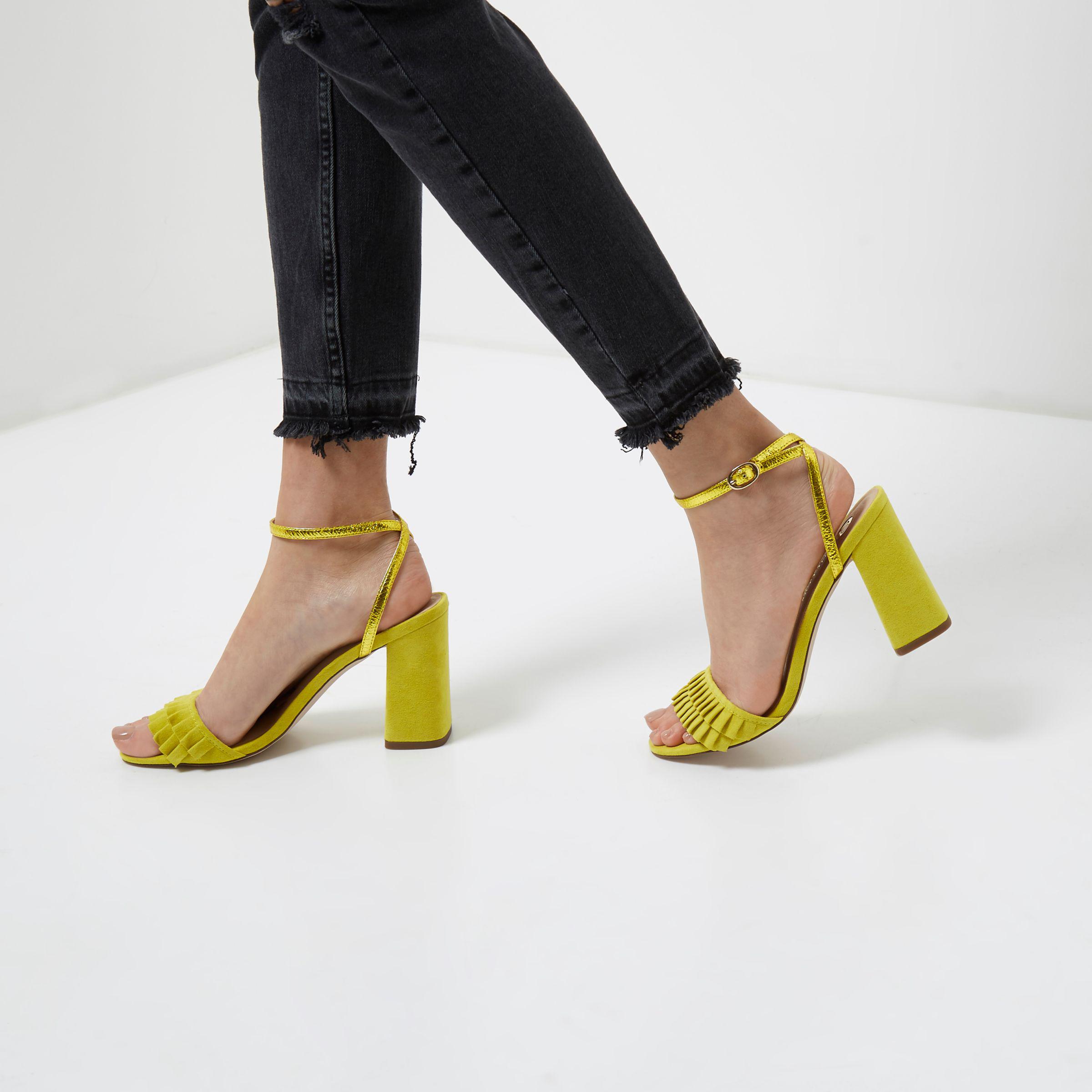 yellow suede block heel sandals