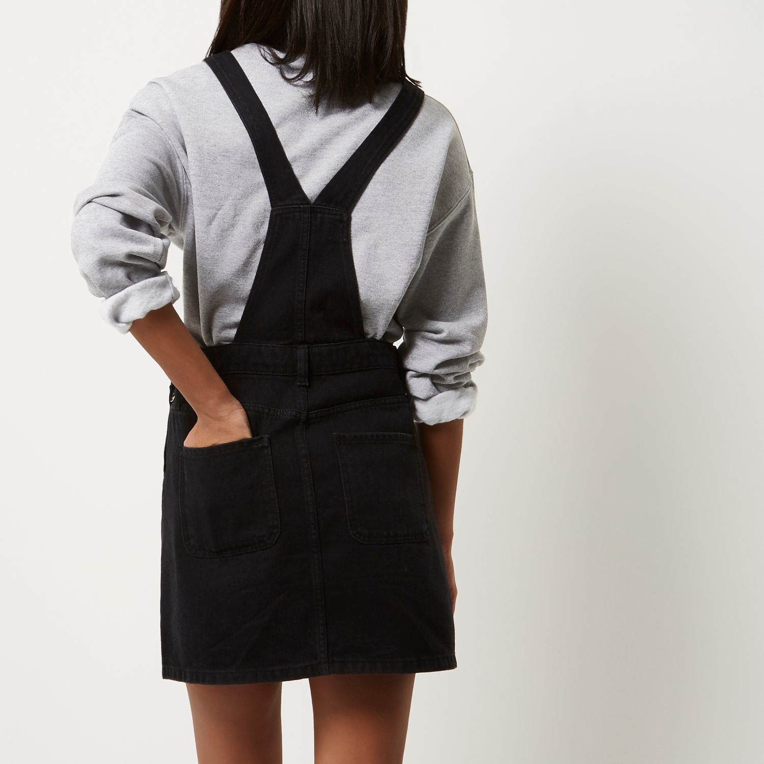 River Island Black Denim Dungaree Dress Lyst