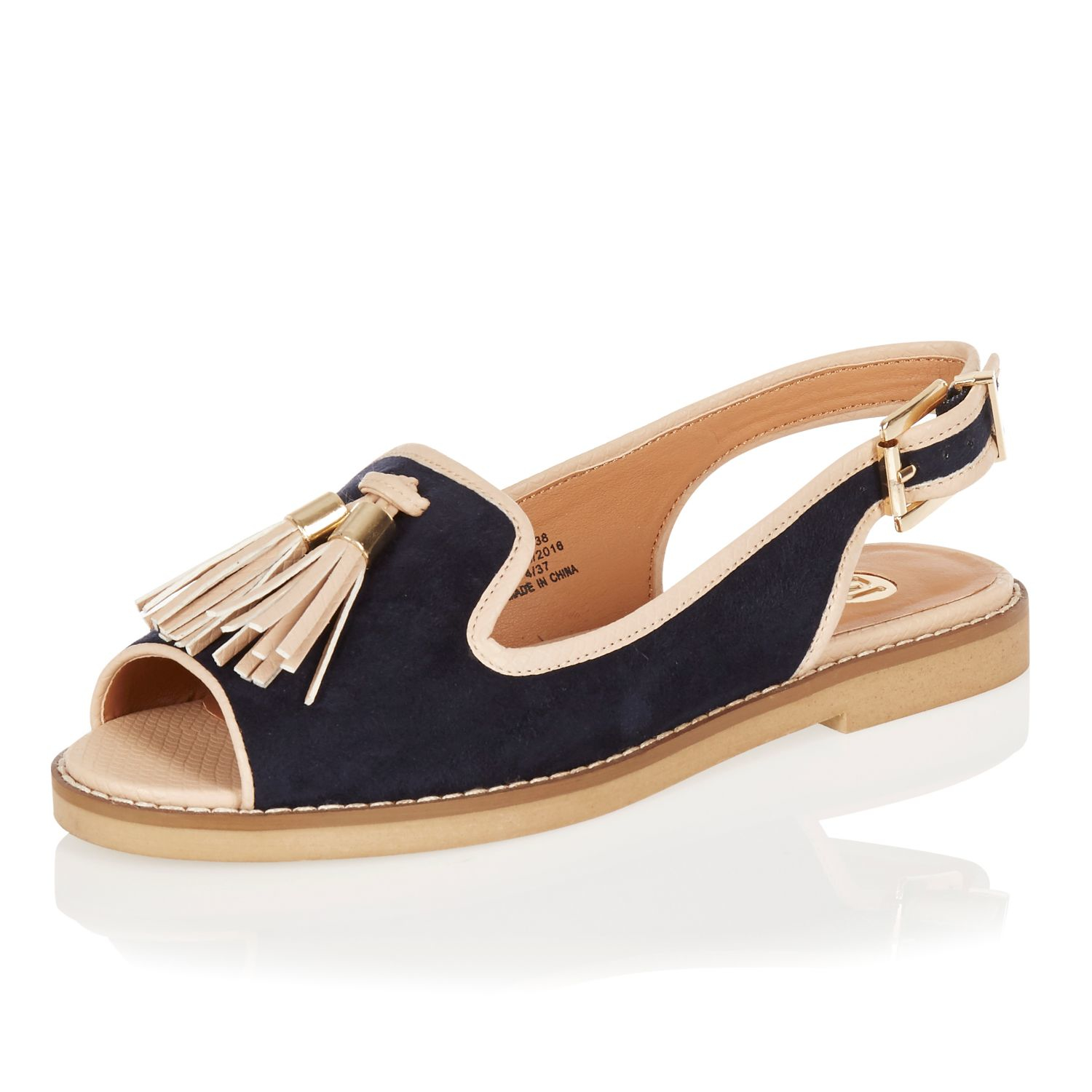 River Island Suede Navy Peep Toe Slingback Sandals in Blue | Lyst