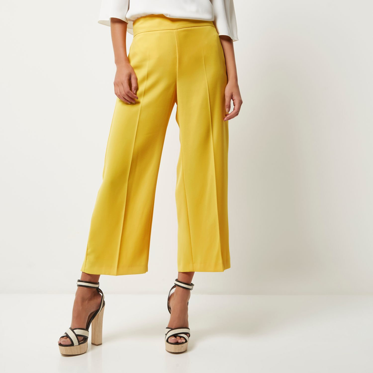 River Island Synthetic Yellow Cropped Wide Leg Pants - Lyst