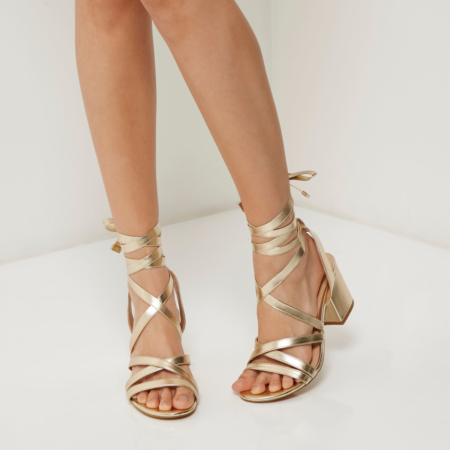 River Island Gold Tie-up Block Heel Sandals in Metallic | Lyst