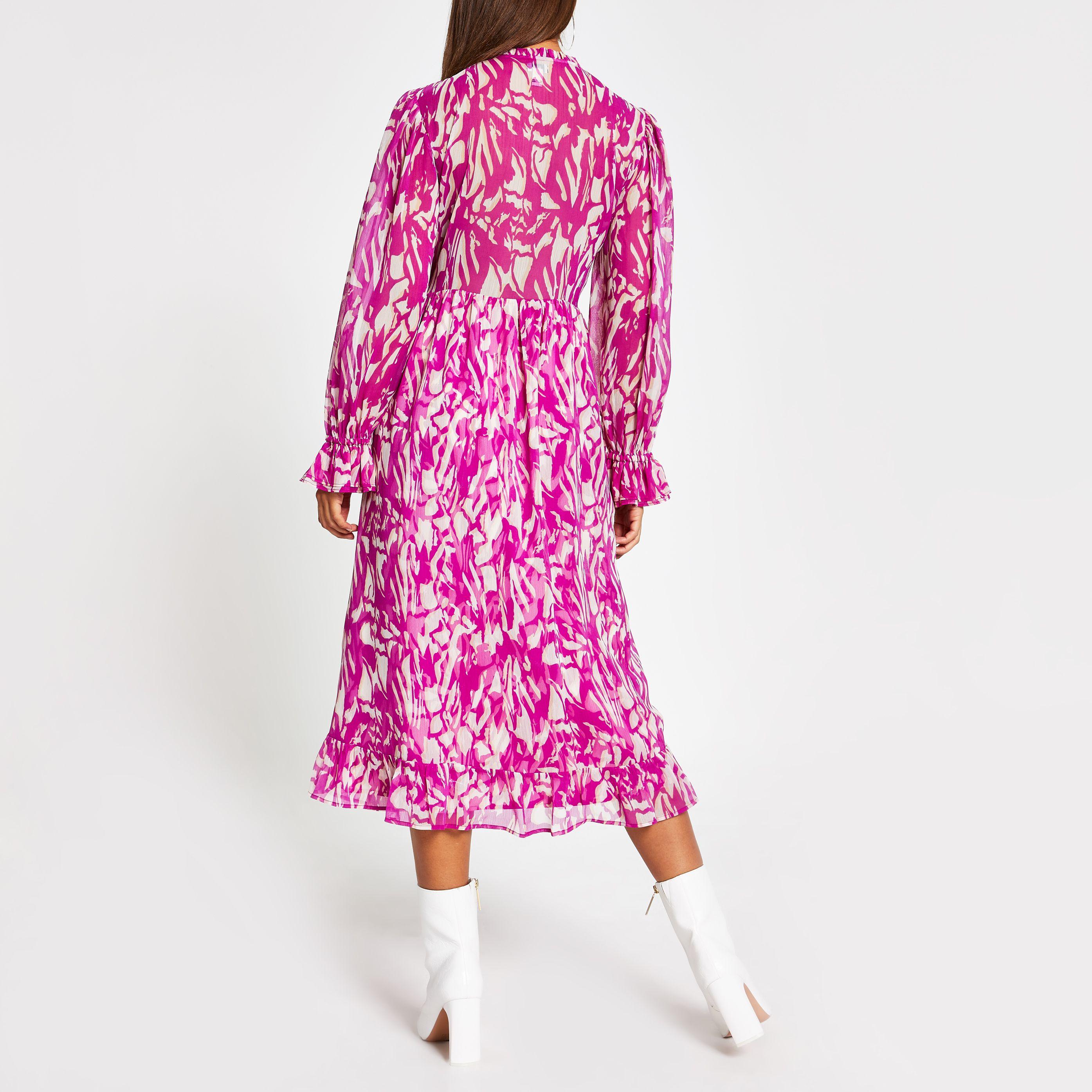 Long Sleeve Smock Midi Dress in Pink 