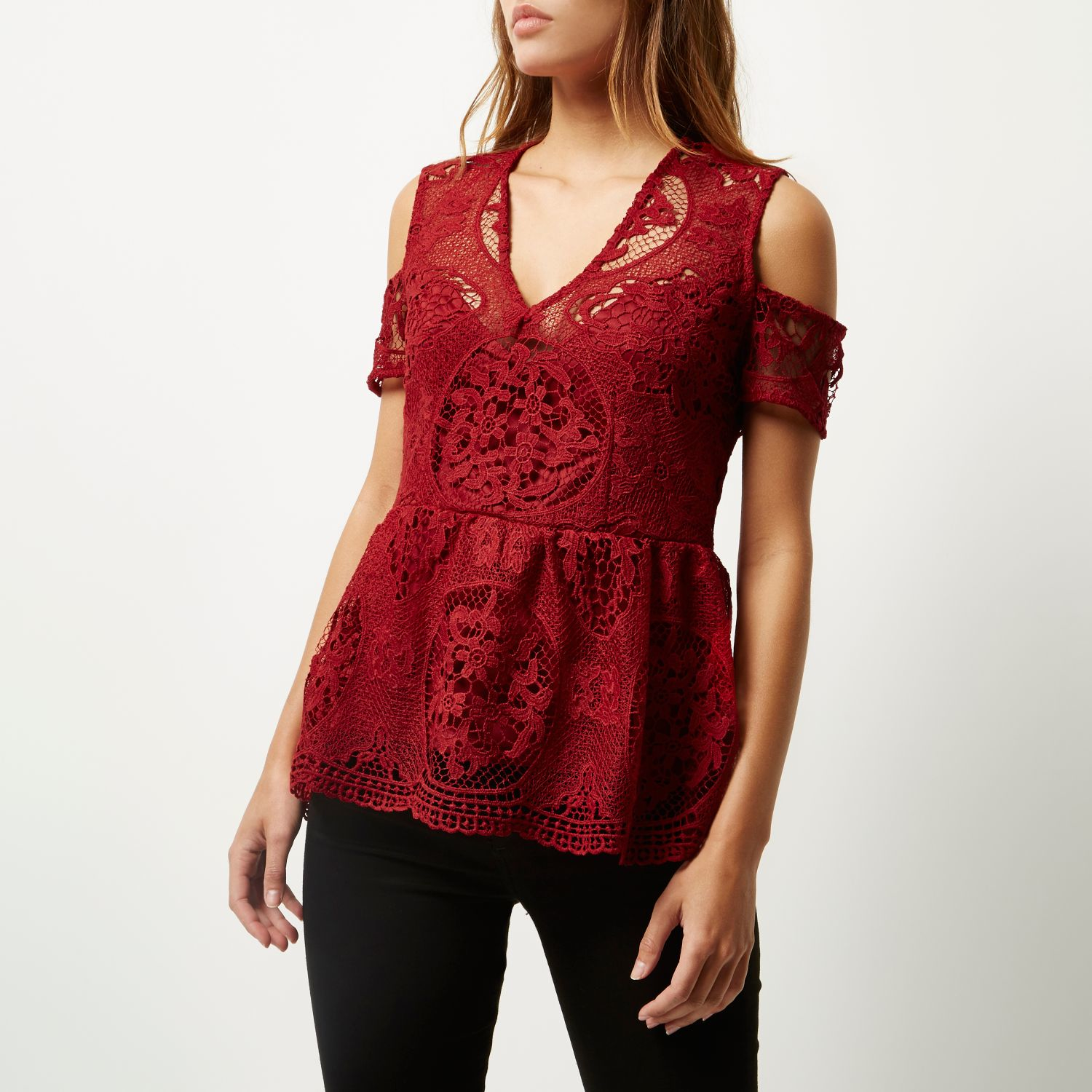 River Island Red Lace Peplum Top in Red - Lyst