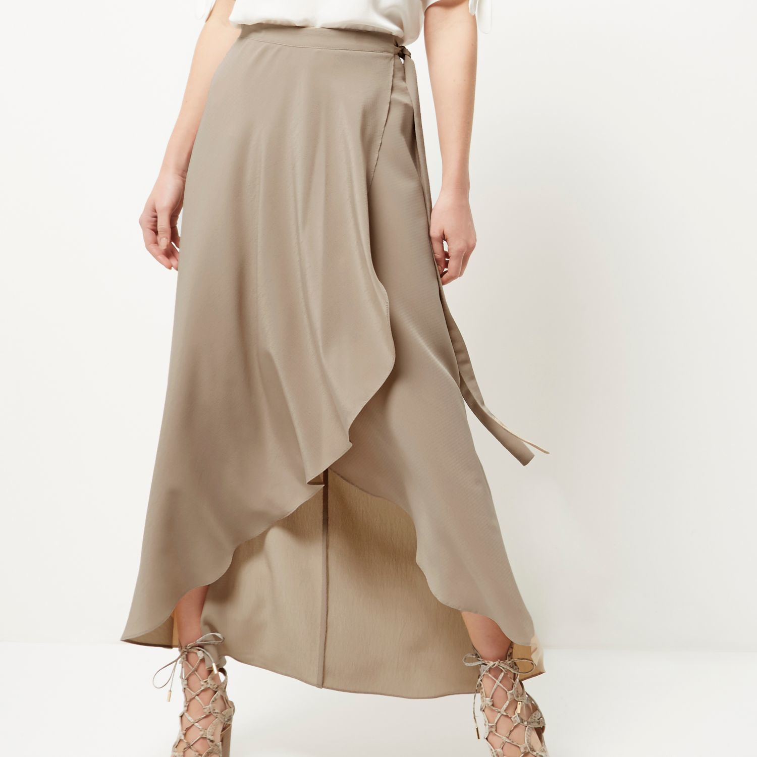 River Island Beige Wrap Front Midi Skirt in Natural - Lyst