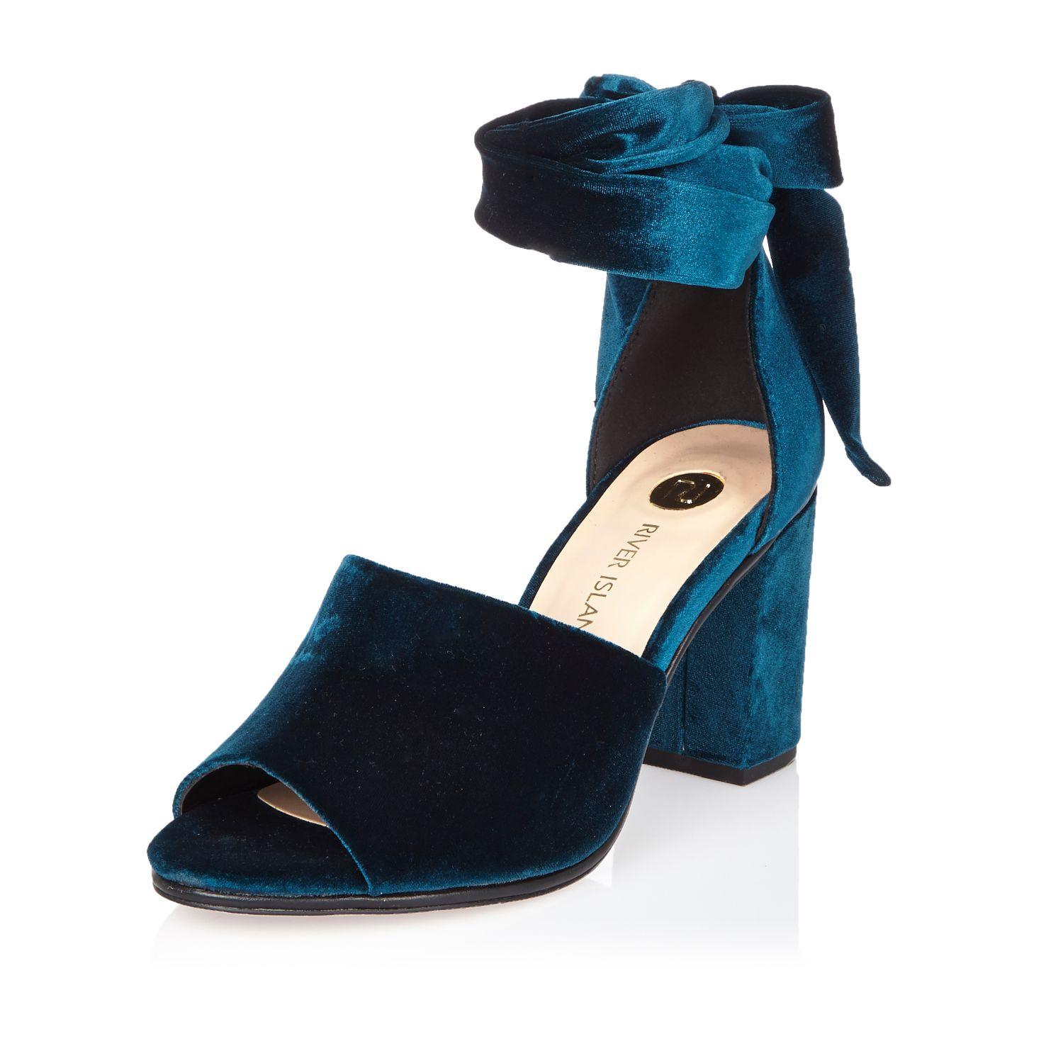 River Island Blue Velvet Block Heel Sandals in Natural - Lyst