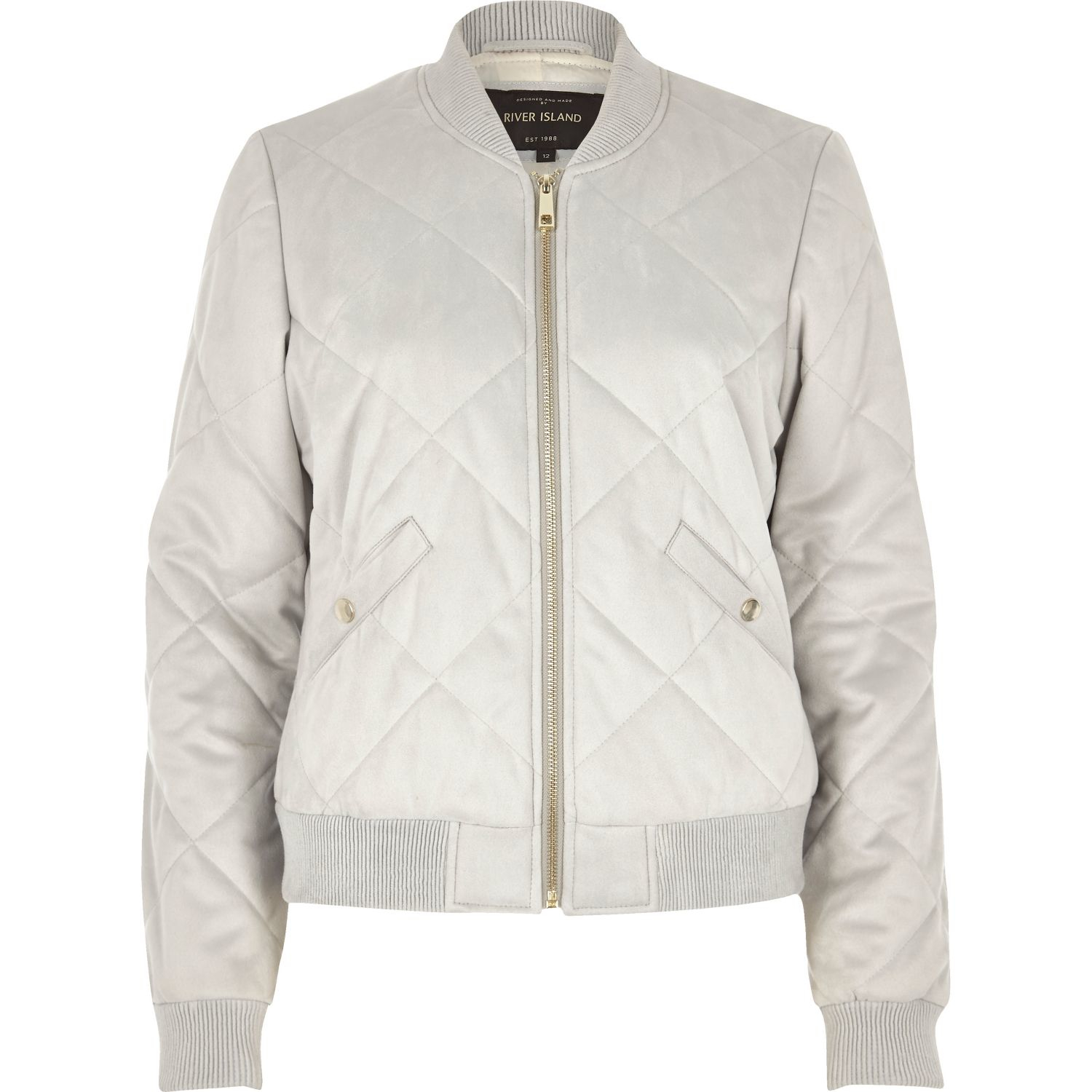 River island Light Grey Quilted Faux Suede Bomber Jacket in Gray Lyst