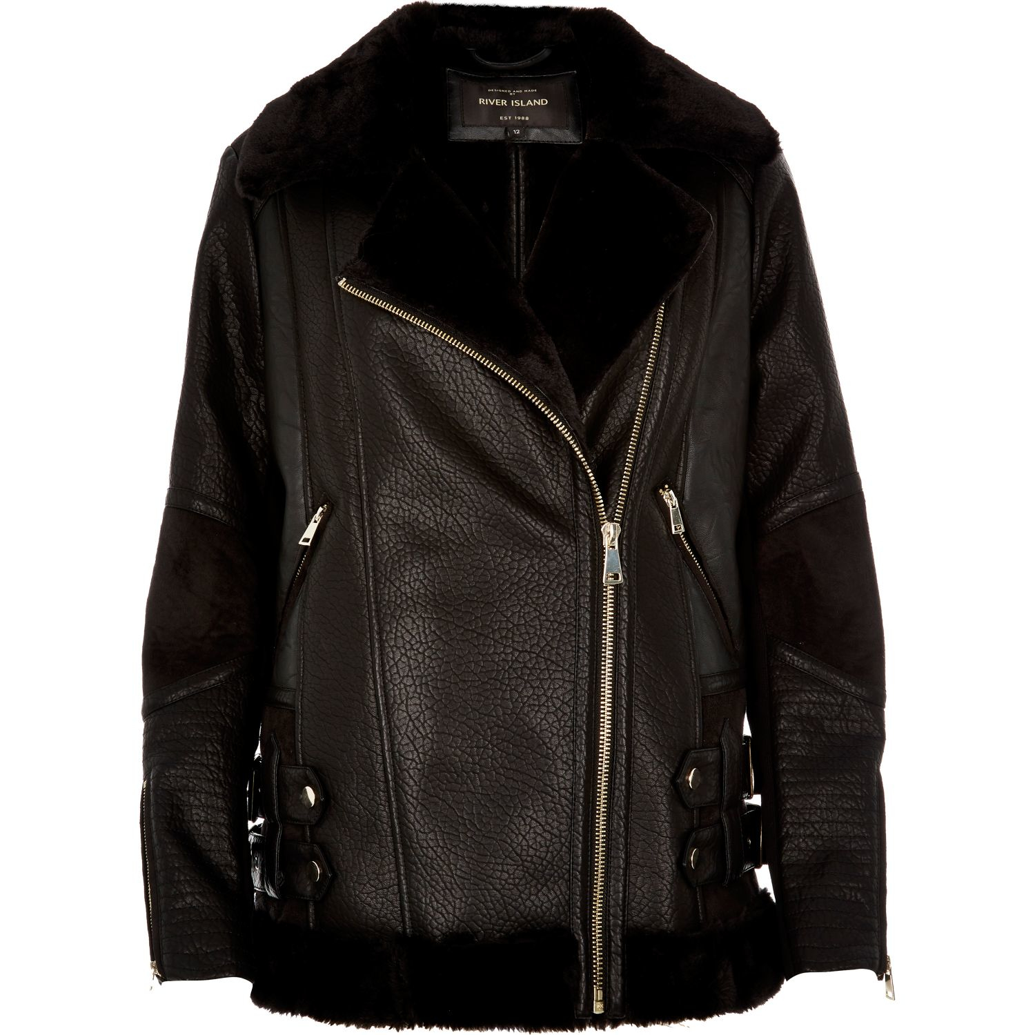 River Island Black Leather Look Aviator Jacket Lyst
