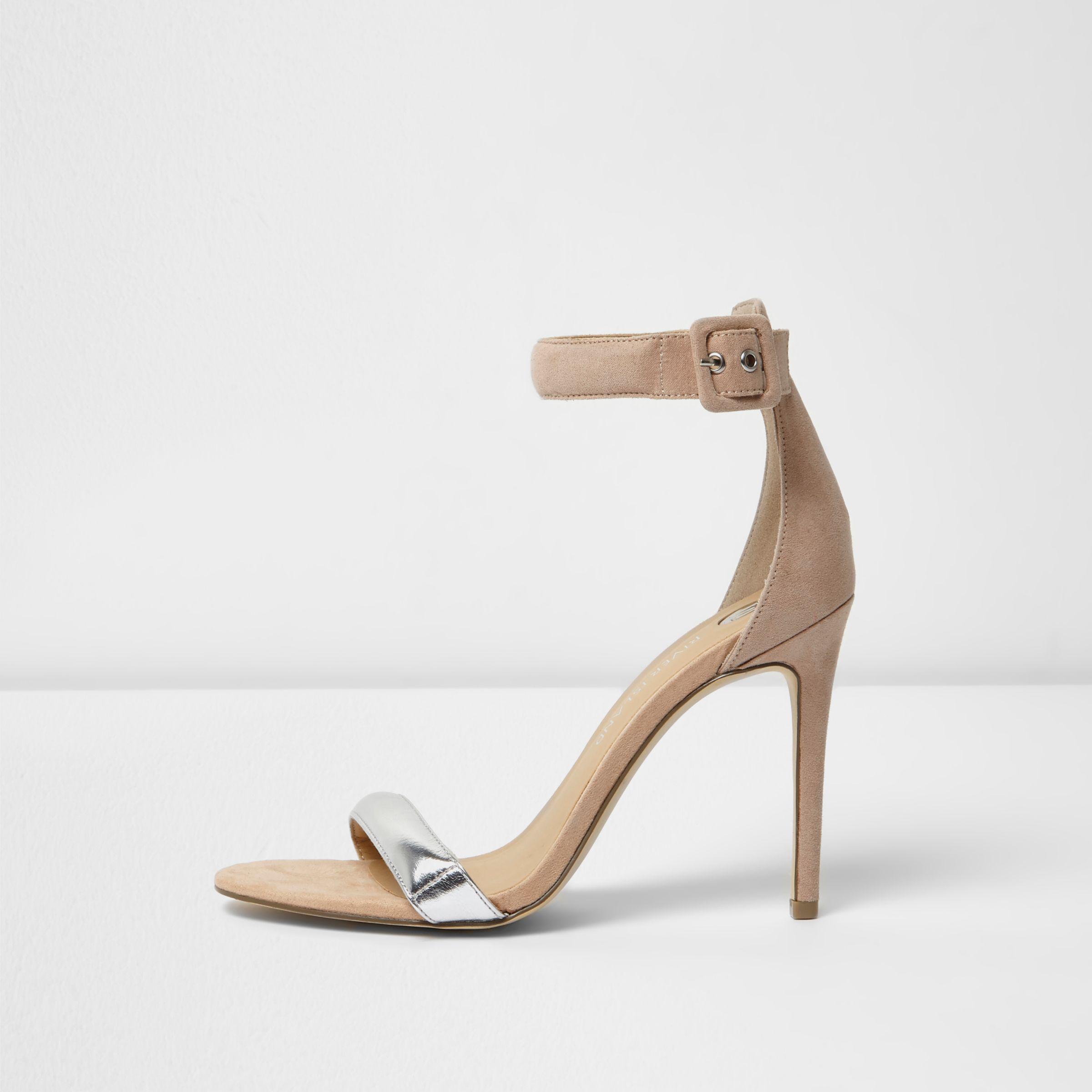 River Island Nude Silver Strap Barely There Heeled Sandals in Cream  (Natural) - Lyst