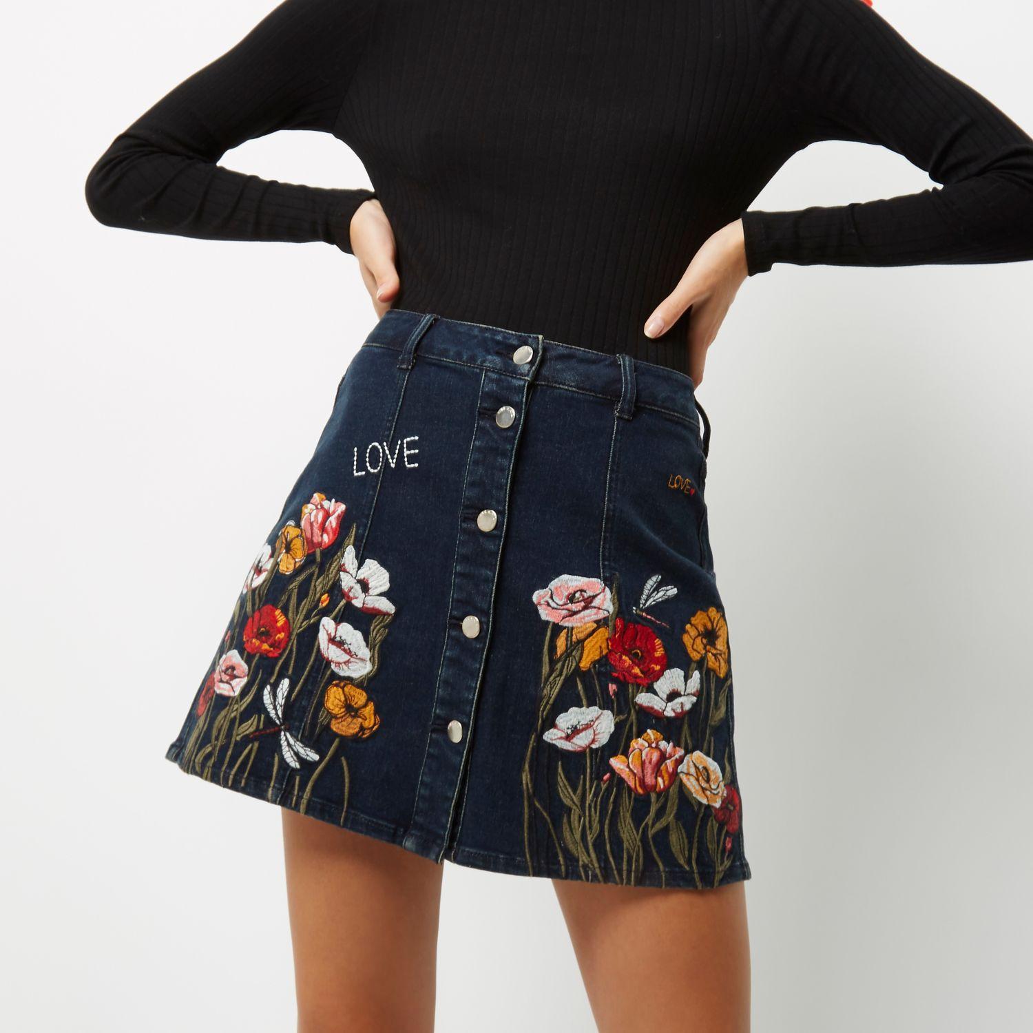 River Island Black Floral Embroidered A-line Denim Skirt - Lyst