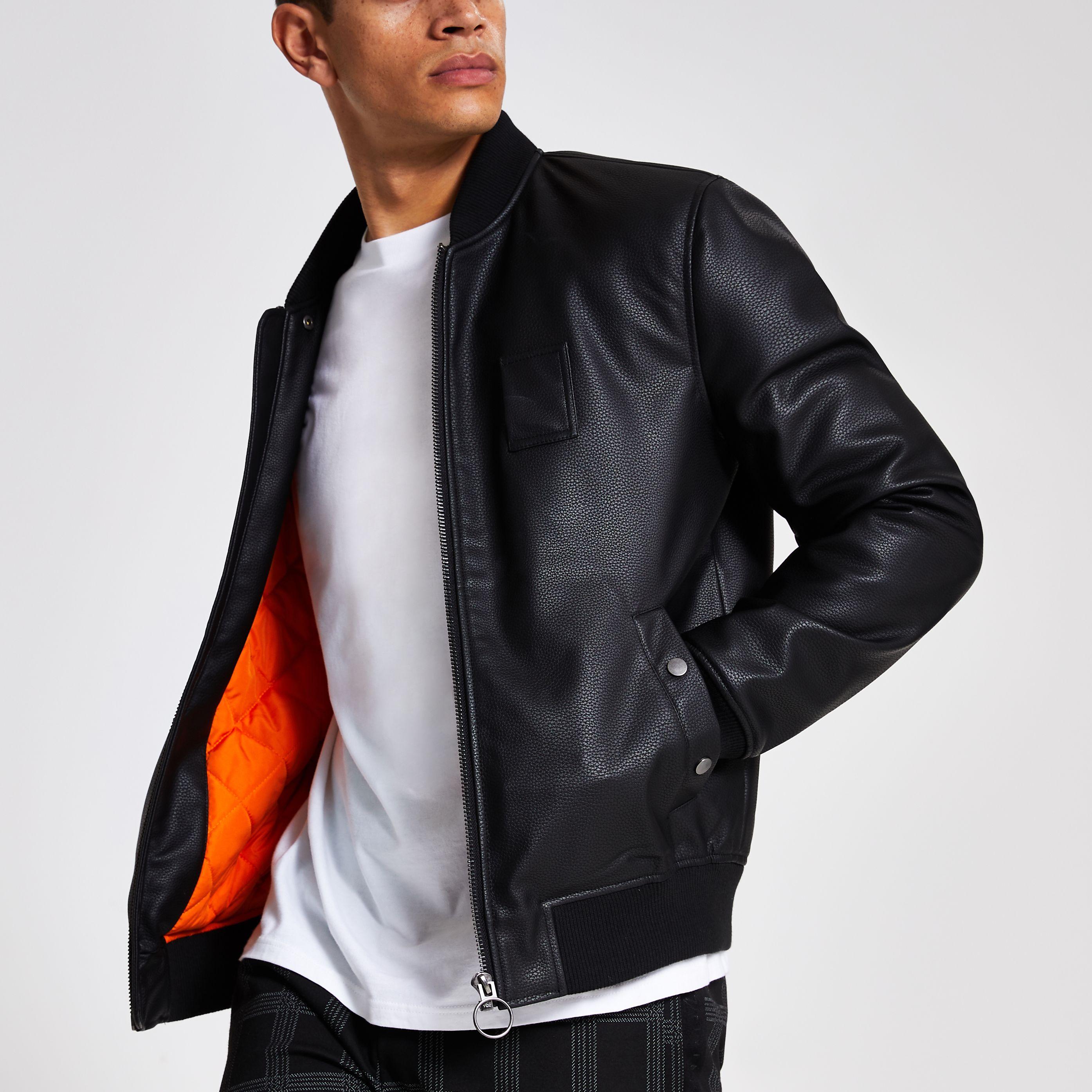 River Island Black Faux Leather Hooded Bomber Jacket for Men | Lyst Canada