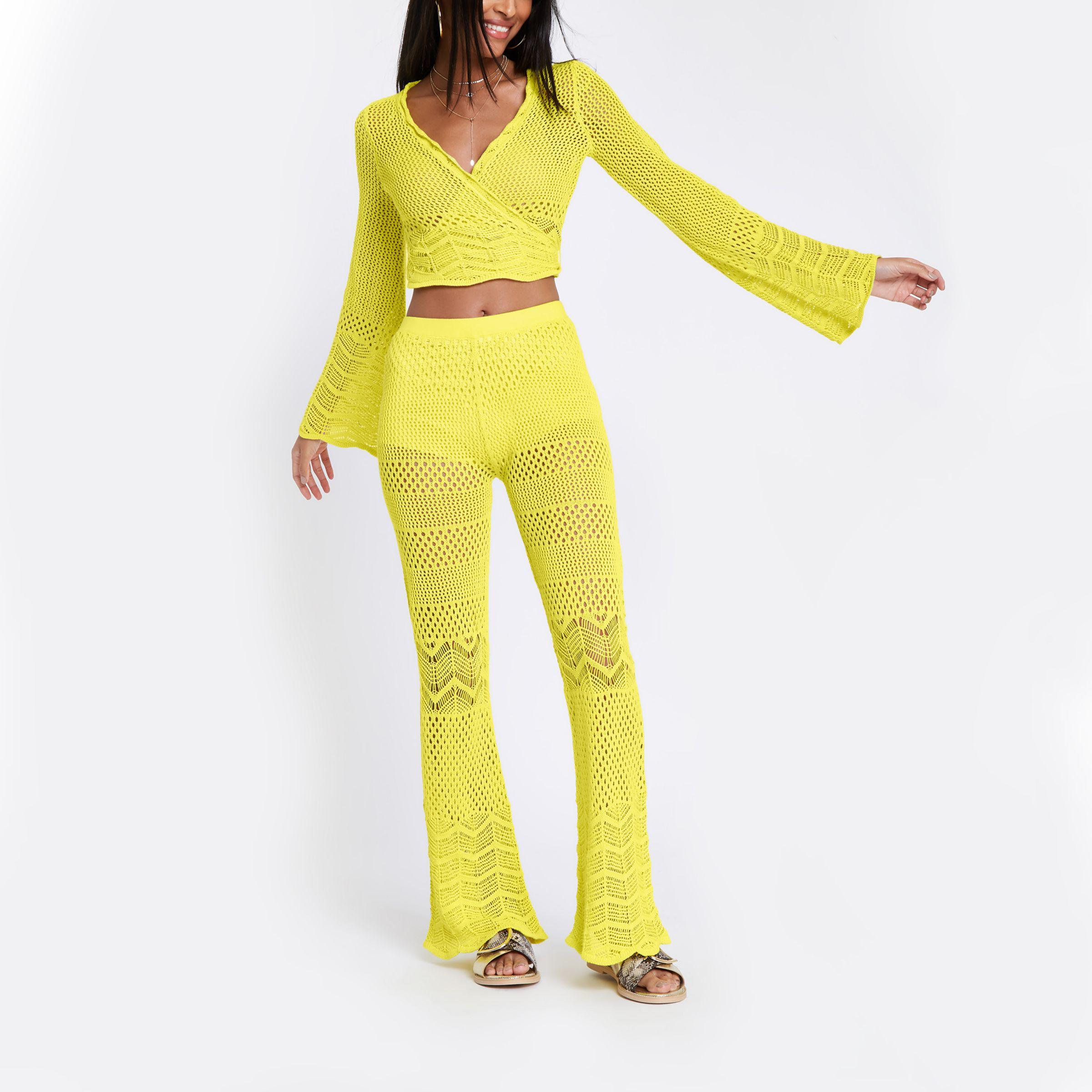 Yellow Crochet Knit Flared Trousers | Lyst