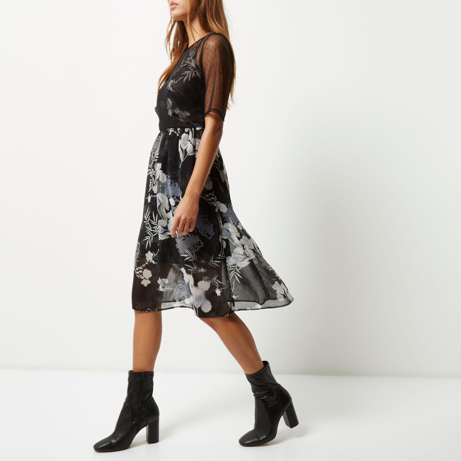 river island black floral dress