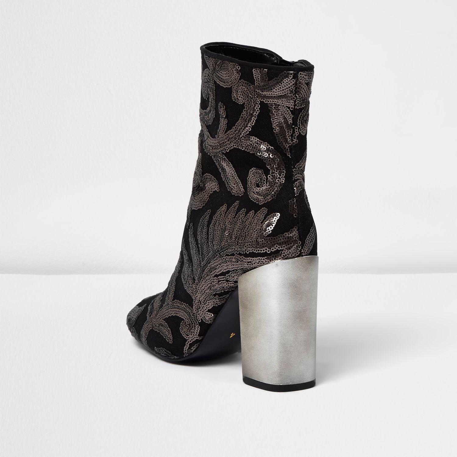 River Island Grey Embroidered Sequin Block Heel Boots in Gray Lyst