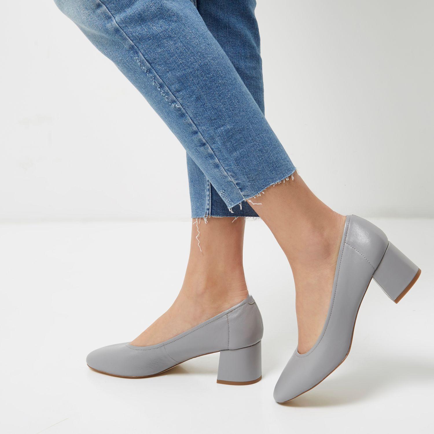 River Island Grey Leather Block Heel Glove Shoes in Gray - Lyst