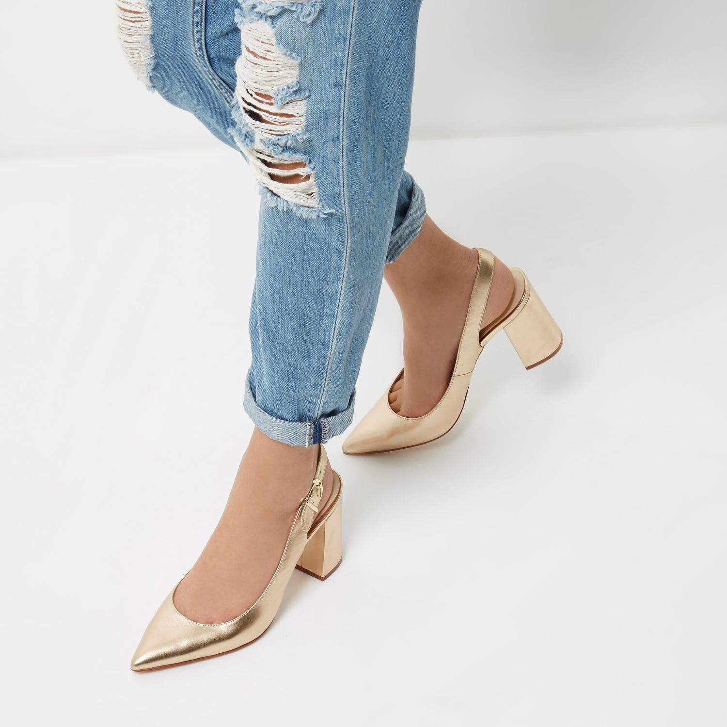 River Island Gold Leather Slingback Block Heels in Metallic - Lyst