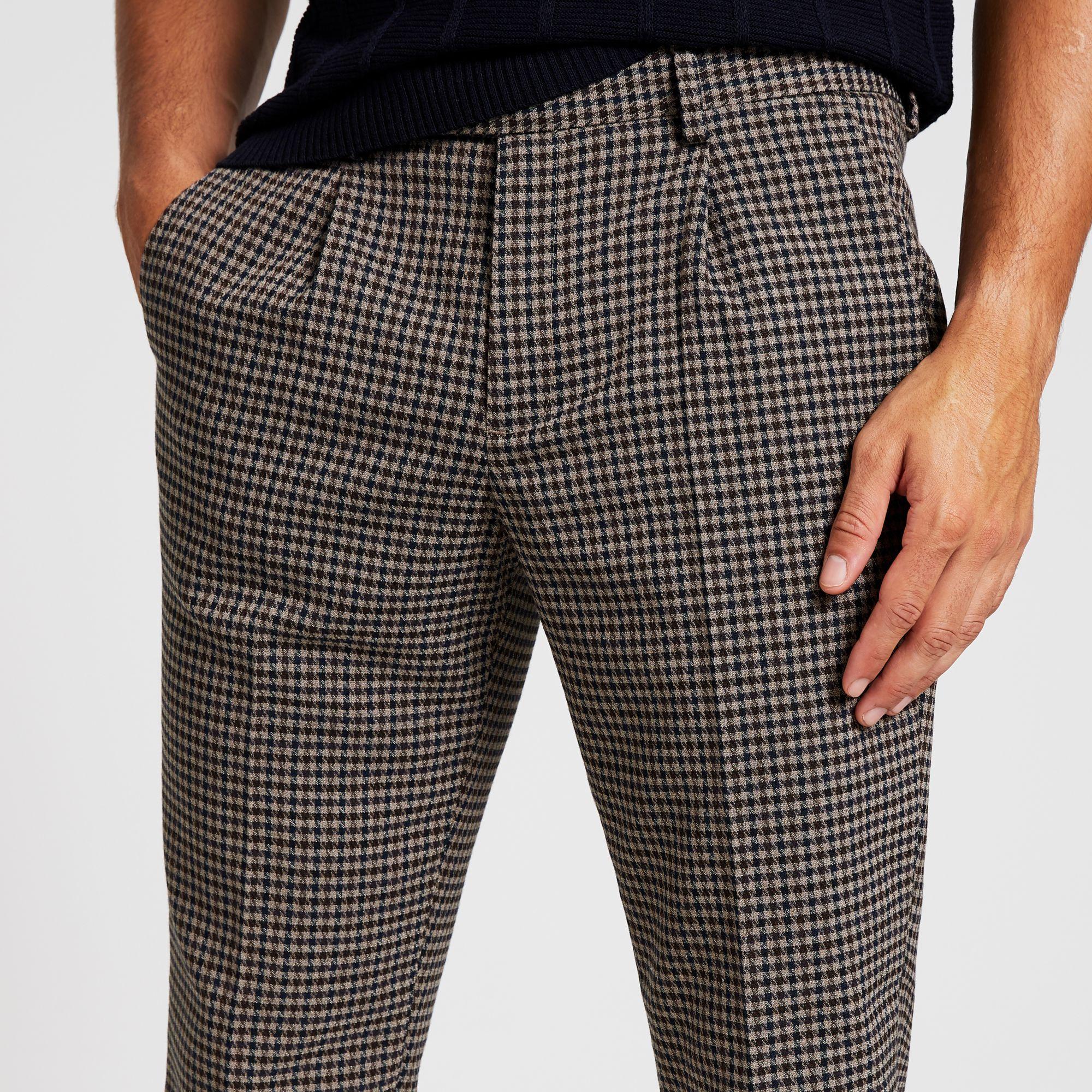 River Island Brown Check Skinny Pleated Smart Trousers for Men - Lyst