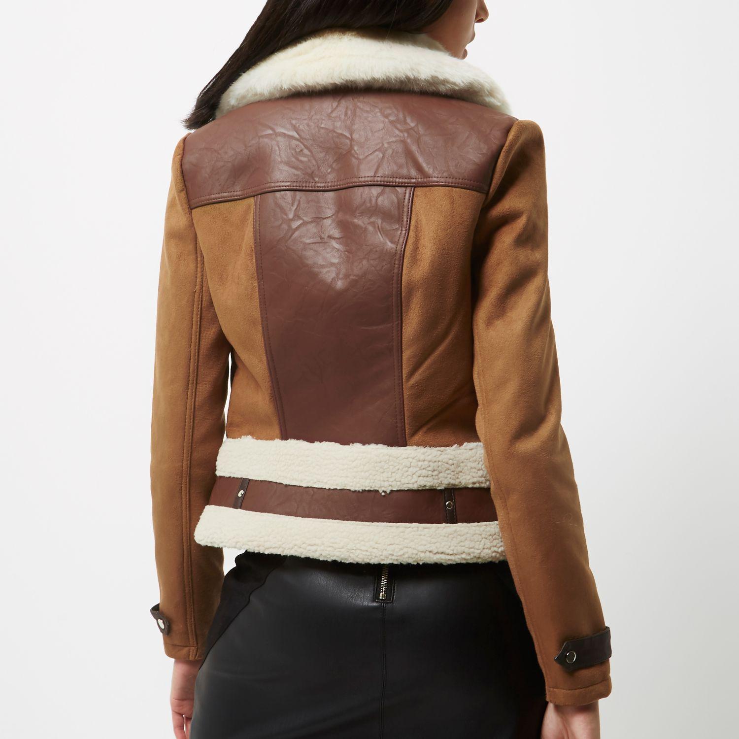 River Island Brown Faux Suede Shearling Aviator Coat - Lyst