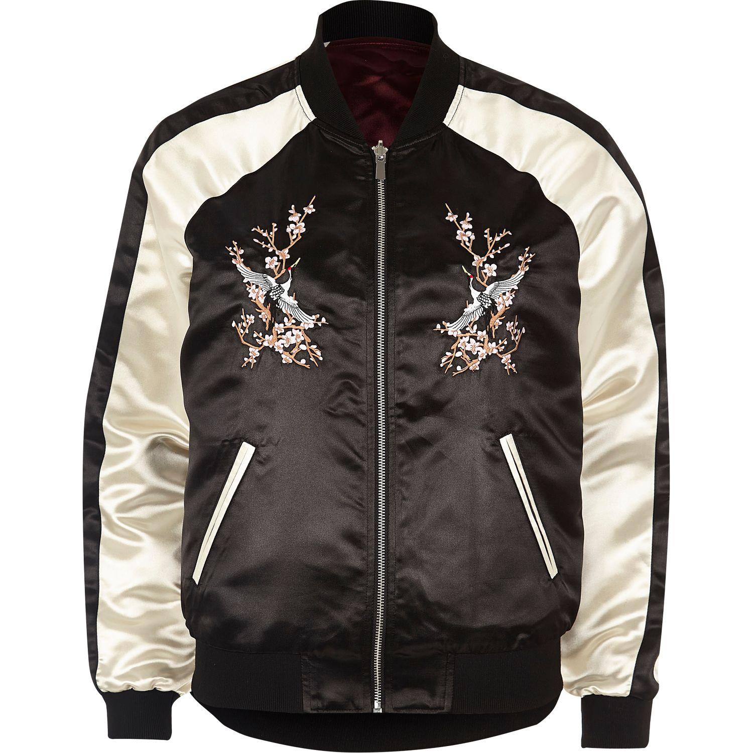 Womens Casual Floral Embroidery Reversible Satin Bomber Jacket