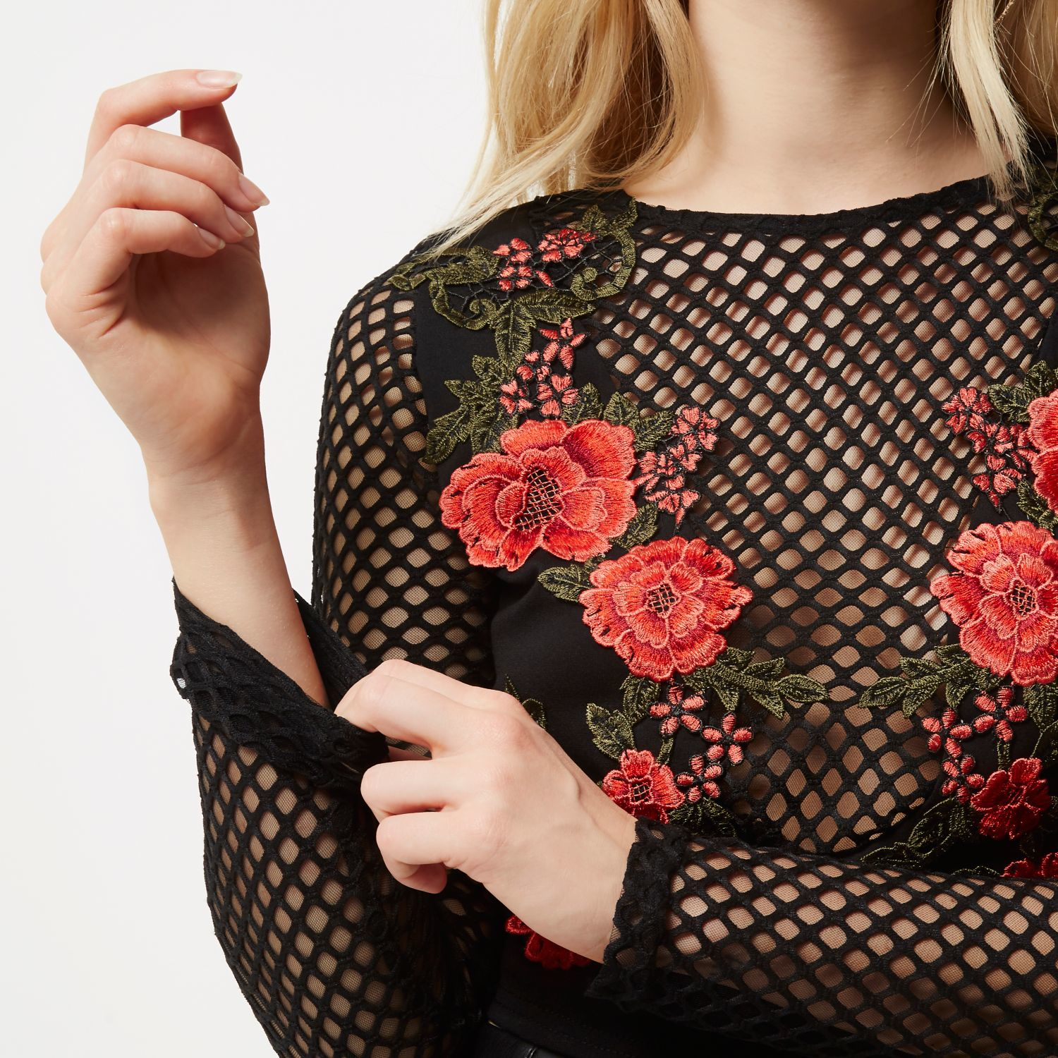 black mesh top with roses