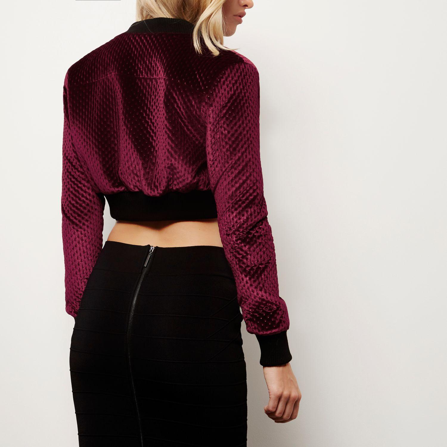 River Island Burgundy Velvet Cropped Bomber Jacket Lyst